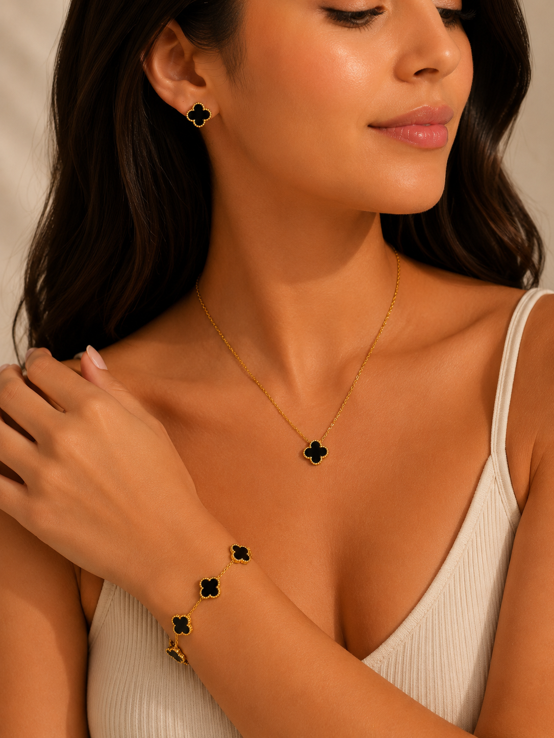 Black Clover Stainless Steel Jewelry Set: Necklace, Earrings, Bracelet