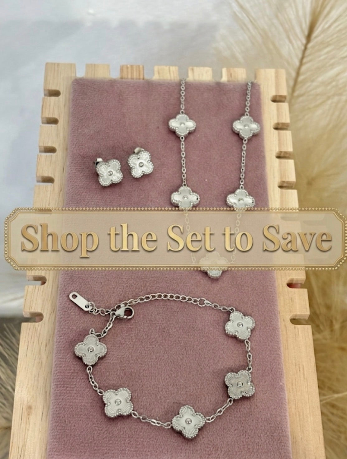 Silver Mini 5 Clover Stainless Steel Jewelry Set: Necklace, Earrings, Bracelet