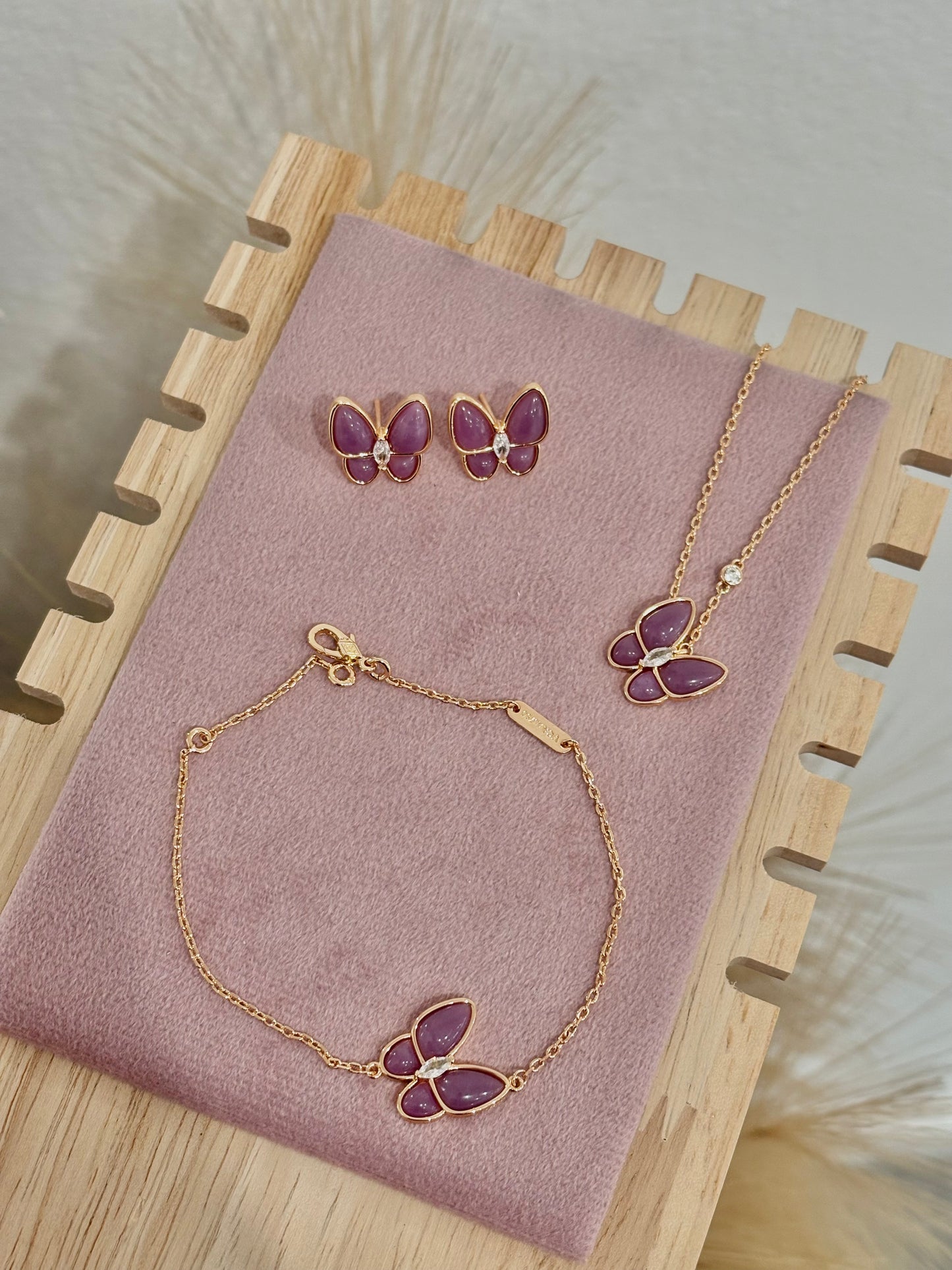 Purple Rose Gold Butterfly Rhinestone Set: Necklace, Bracelet, Earrings