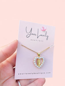 Pearl Virgencita Corazon Gold Plated Stainless Steel Necklace