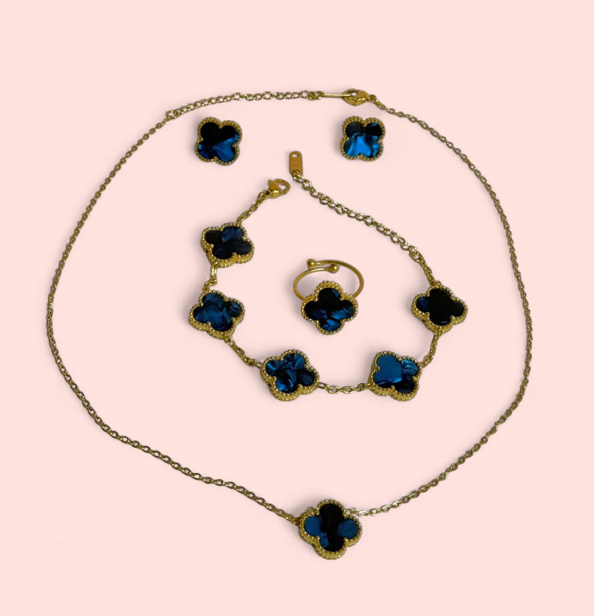 Blue Clover Stainless Steel Jewelry Set: Necklace, Earrings, Bracelet, Ring