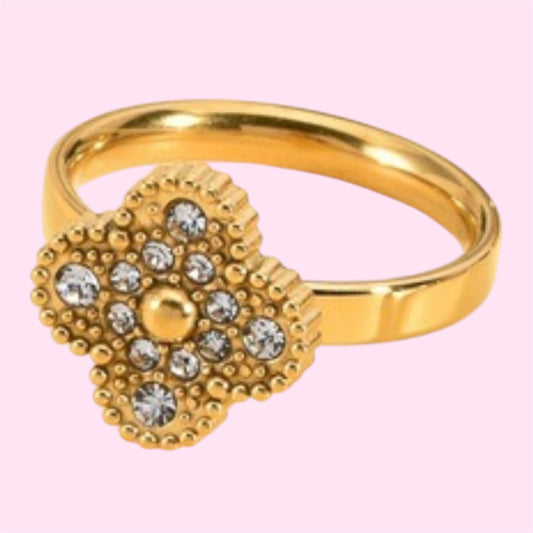 Gold Clover Zirconia Stainless Steel Ring