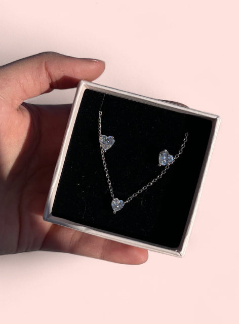 White Heart Set (Necklace and Earrings) Sterling Silver 925