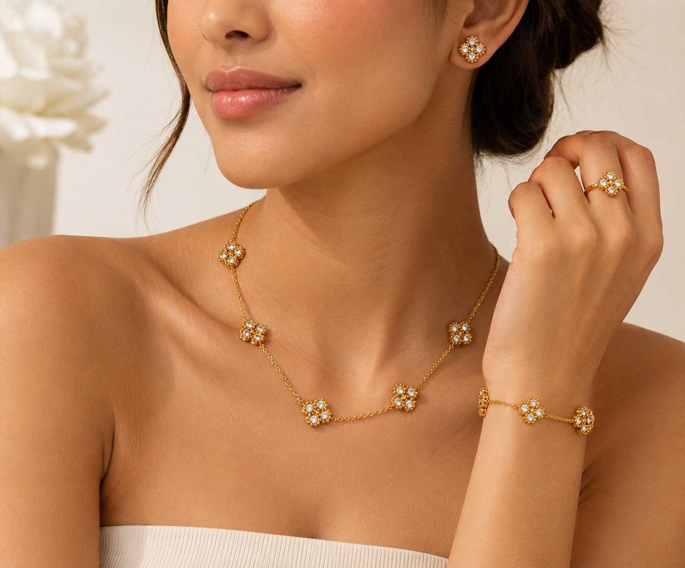 Gold Clover Rhinestones Clover Jewelry Set: 5 Necklace, Earrings, and Bracelet