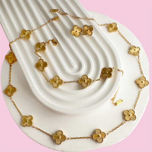 PRE-ORDER- Gold Clover Stainless Steel Jewelry Set: Necklace, Earrings, Bracelet