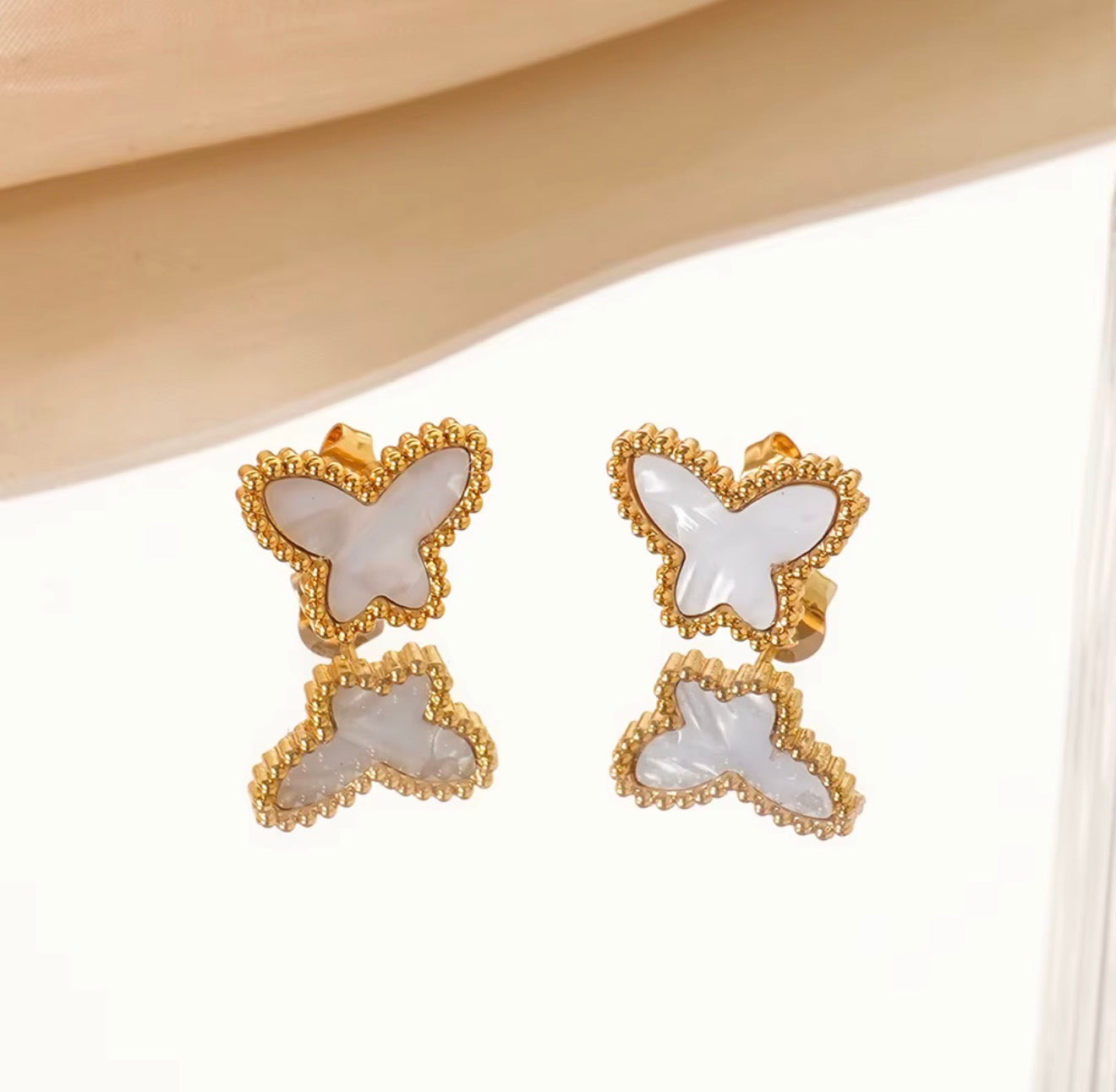 Mother of Pearl Butterfly Set: Stainless Steel Necklace and Earrings