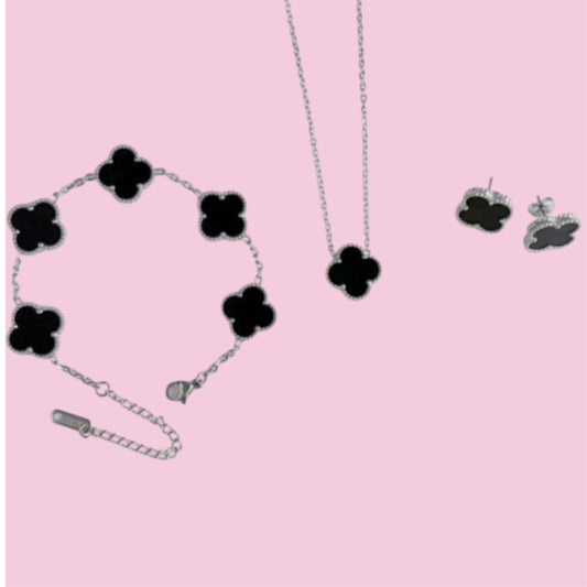 Silver Black Clover Stainless Steel Jewelry Set: Necklace, Earrings, Bracelet