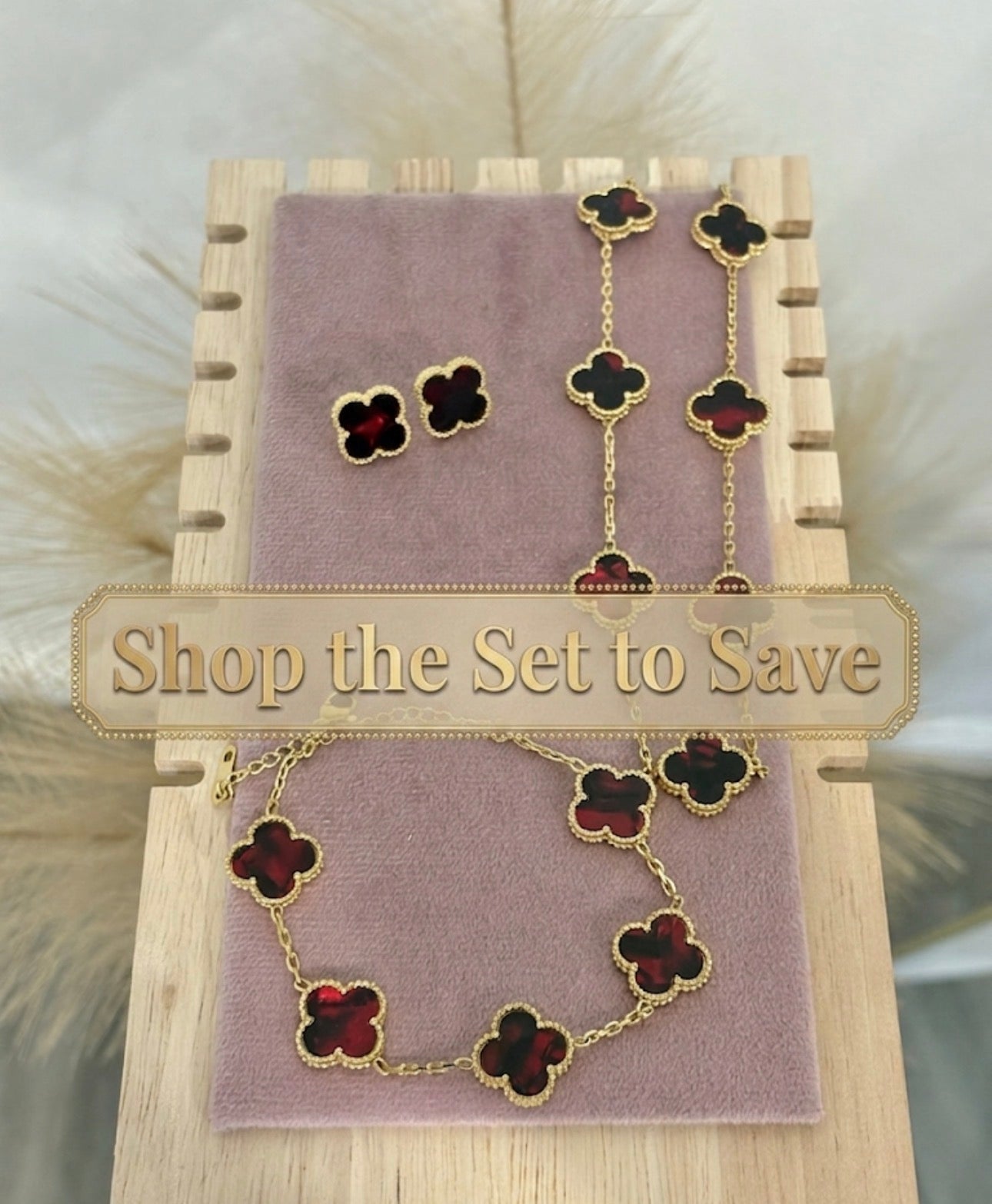 Deep Red Enamel 10 Clover Stainless Steel Jewelry Set: Necklace, Earrings, Bracelet