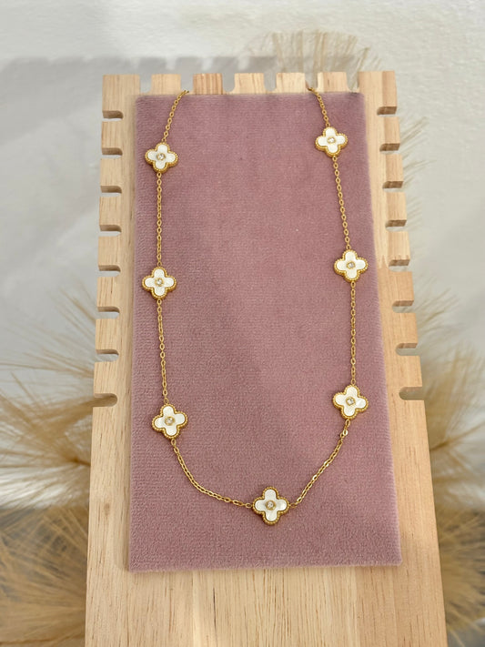 White Mini 7 Clover Rhinestone Center Stainless Steel Necklace
