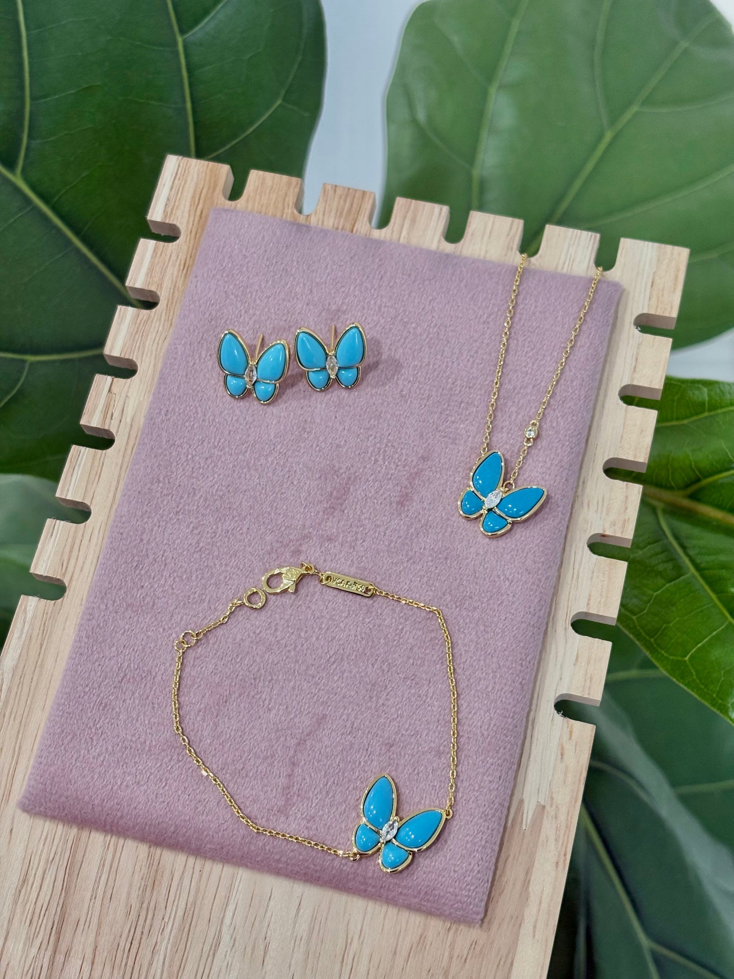 The Turquoise Gold Butterfly Rhinestone Set: Necklace, Bracelet, Earrings