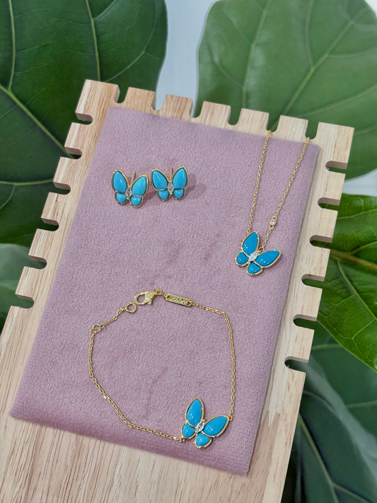 The Turquoise Gold Butterfly Rhinestone Set: Necklace, Bracelet, Earrings