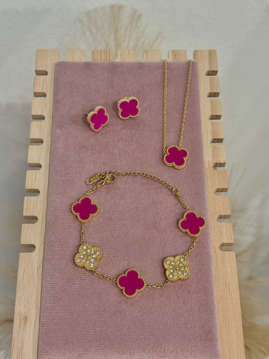 Magenta & Gold Clover Stainless Steel Jewelry Set: Necklace, Earrings, Bracelet