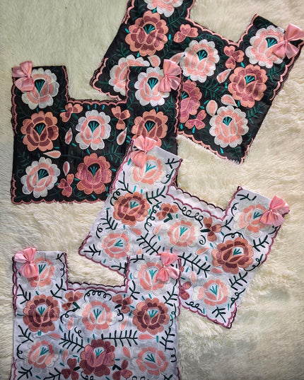 Coquetta Hand-Embroidered Pink Floral Taffeta Top with Satin Bows