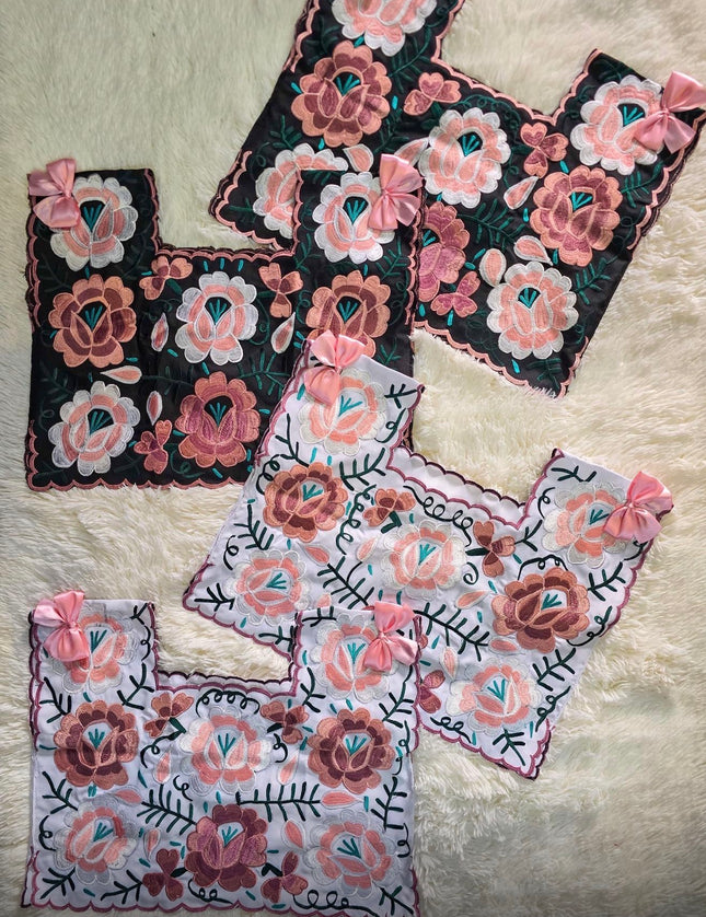 Coquetta Hand-Embroidered Pink Floral Taffeta Top with Satin Bows