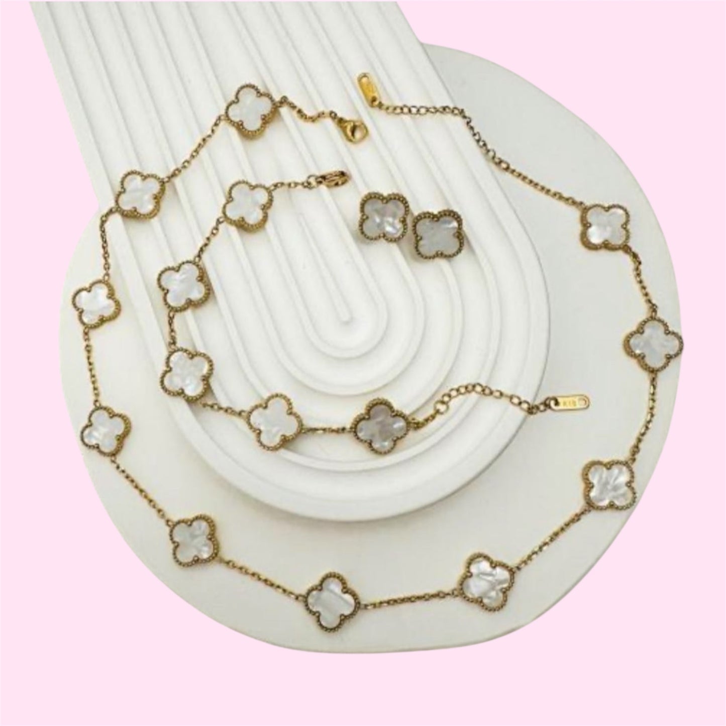 Mother Of Pearl White Clover Stainless Steel Jewelry Set: 10 Necklace, Earrings, Bracelet