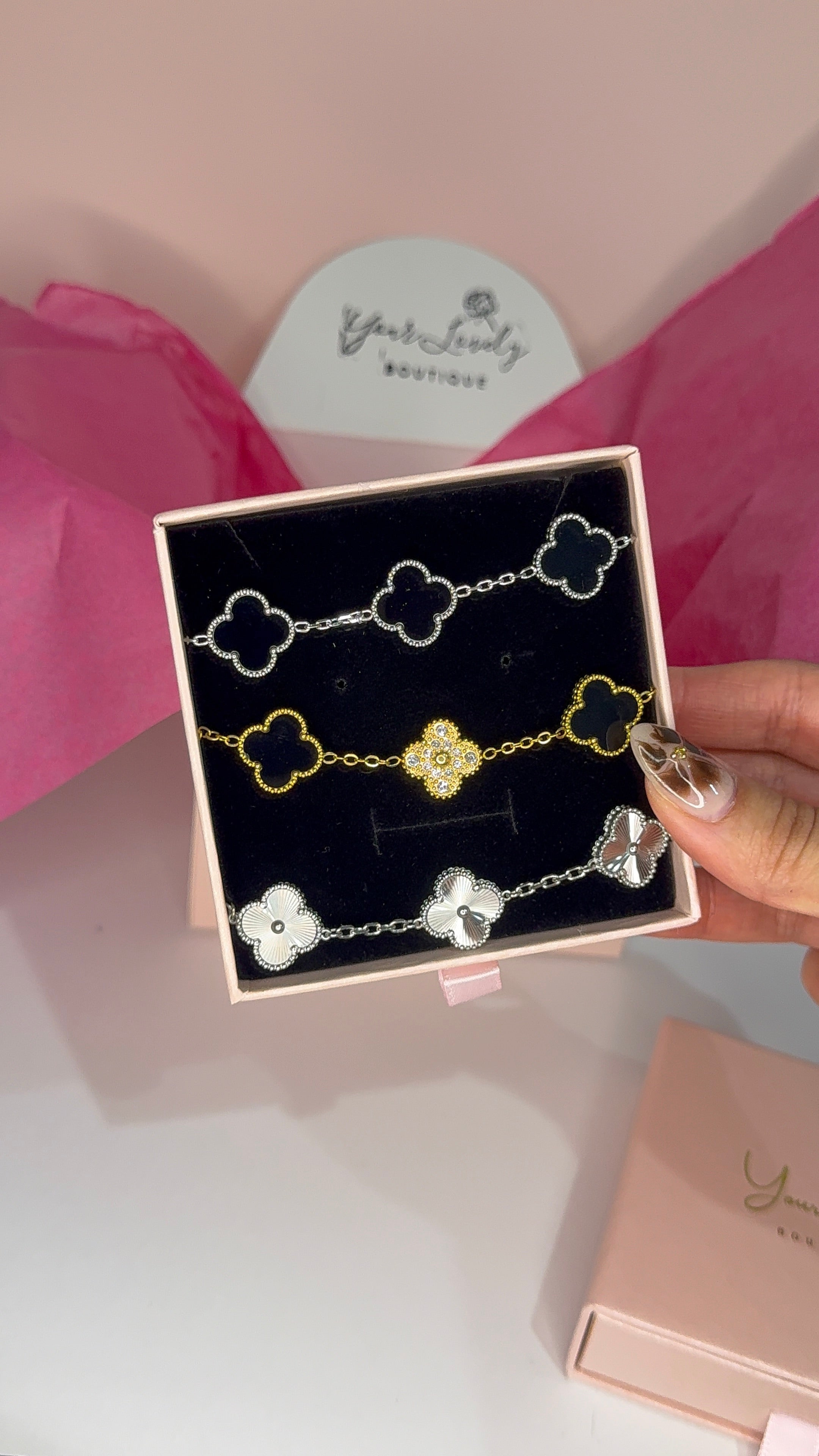 Gold Clover Stainless Steel Bracelets: Green, Red, White, and Black