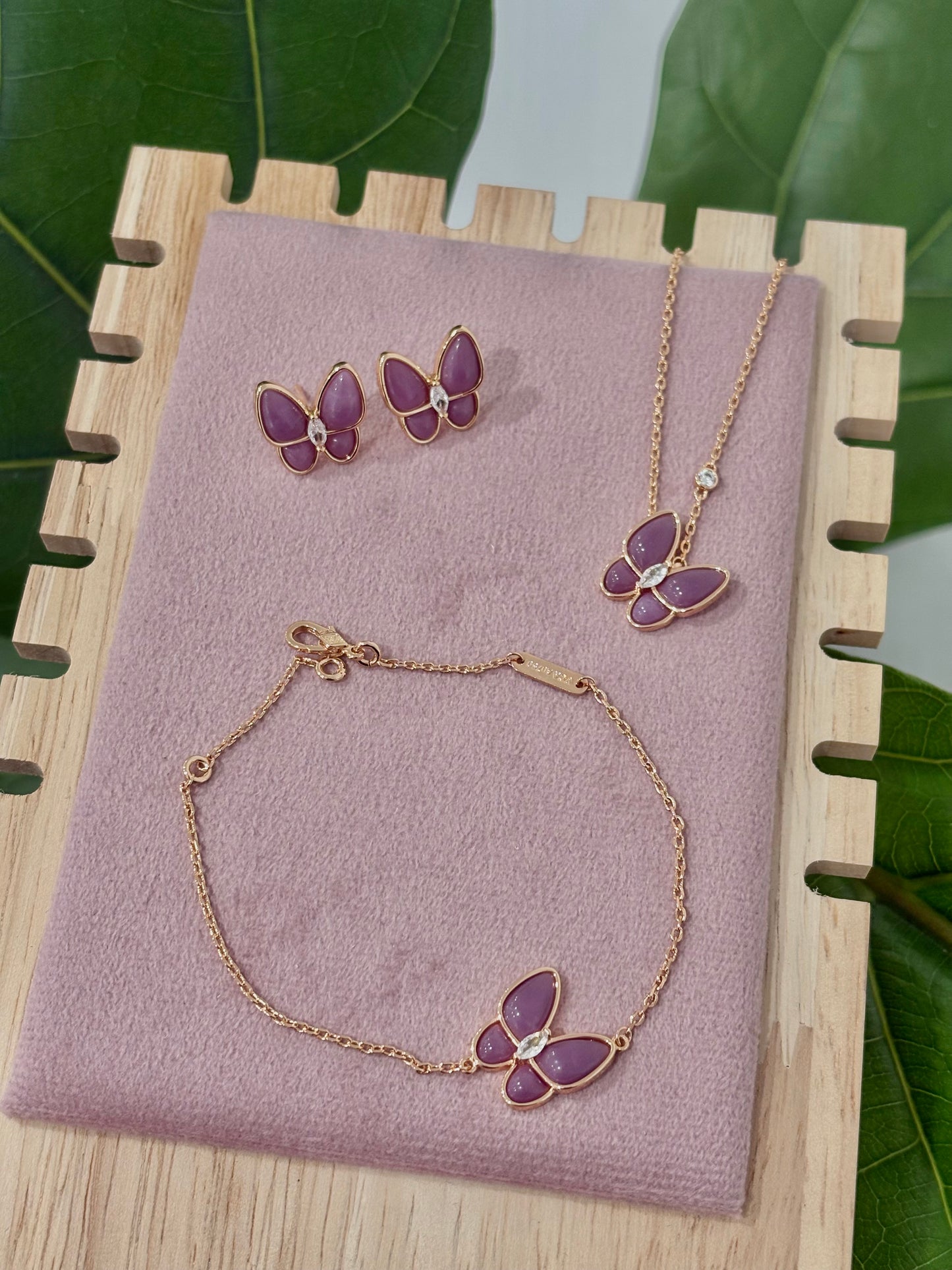 Purple Rose Gold Butterfly Rhinestone Set: Necklace, Bracelet, Earrings