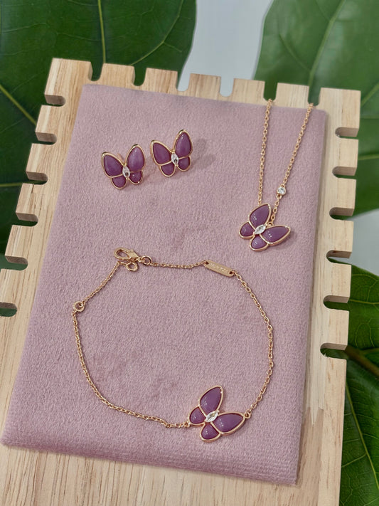 Purple Rose Gold Butterfly Rhinestone Set: Necklace, Bracelet, Earrings