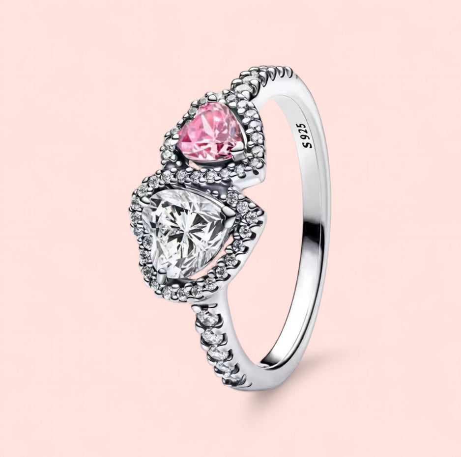 Sparkling Halo Hearts Pink Sterling Silver 925 Ring