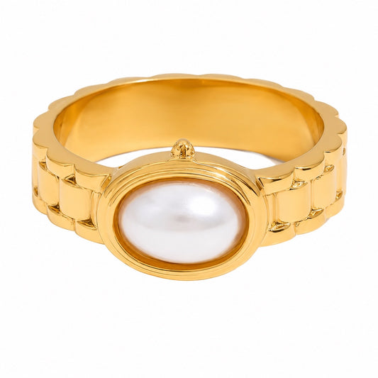 Celeste Oval Pearl Stainless Steel Ring