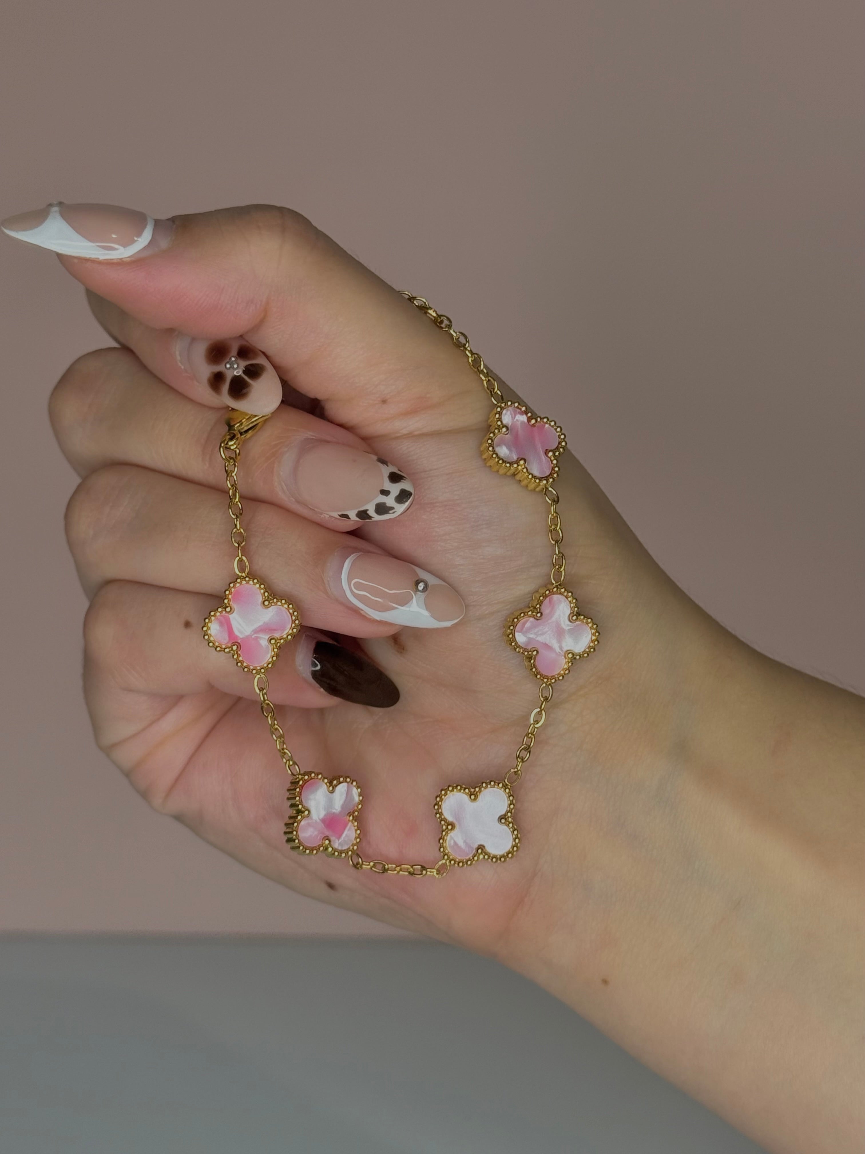 Pink Clover Stainless Steel Jewelry Set: Necklace, Earrings, Bracelet