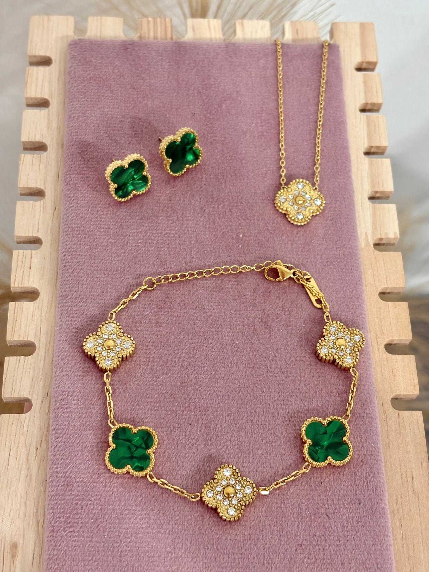 Emerald Green & Gold Rhinestone Clover Stainless Steel Jewelry Set: Necklace, Earrings, Bracelet