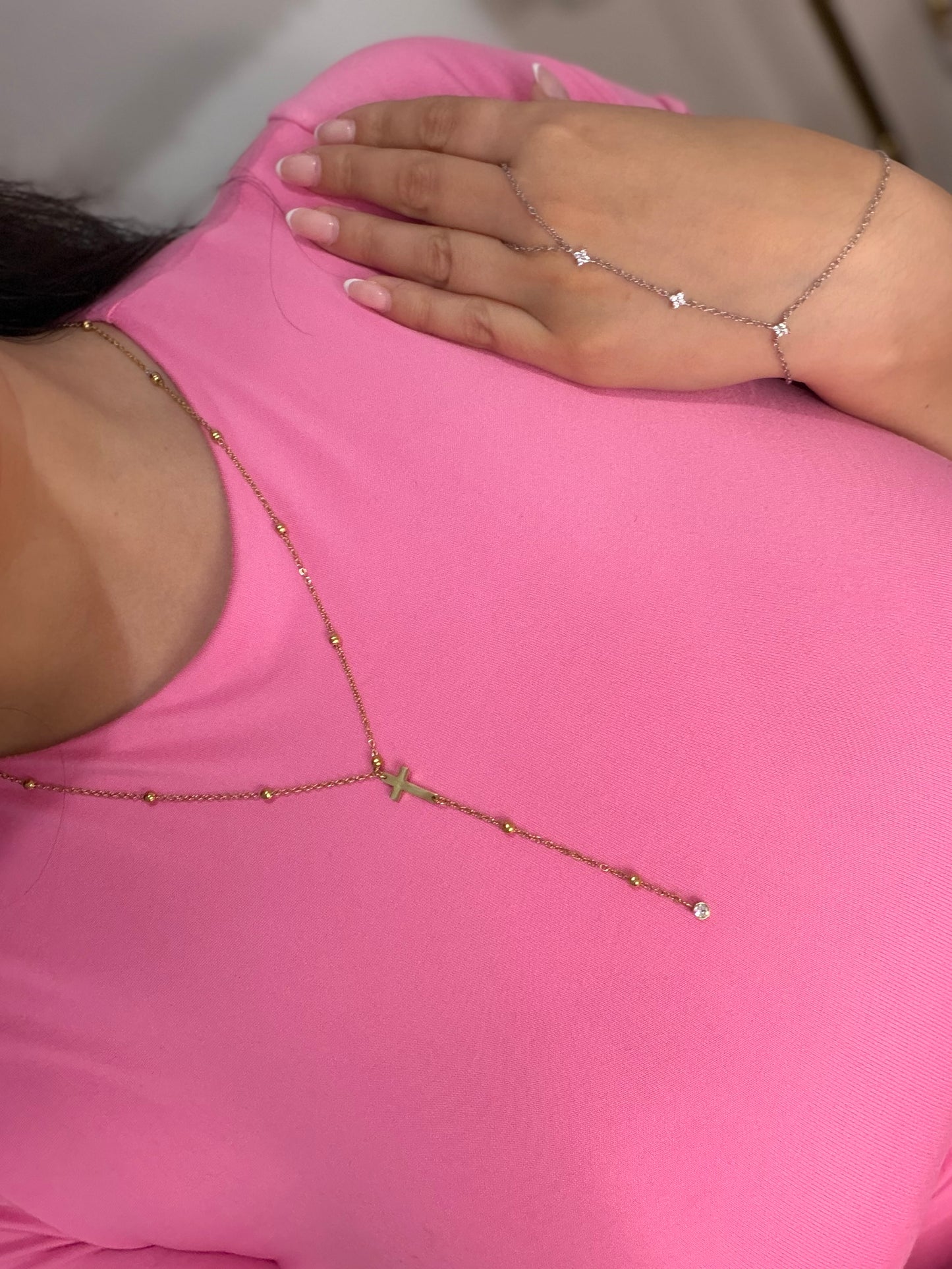 Dainty Rosary Necklace with Crystal Drop Stainless Steel: Gold, Silver
