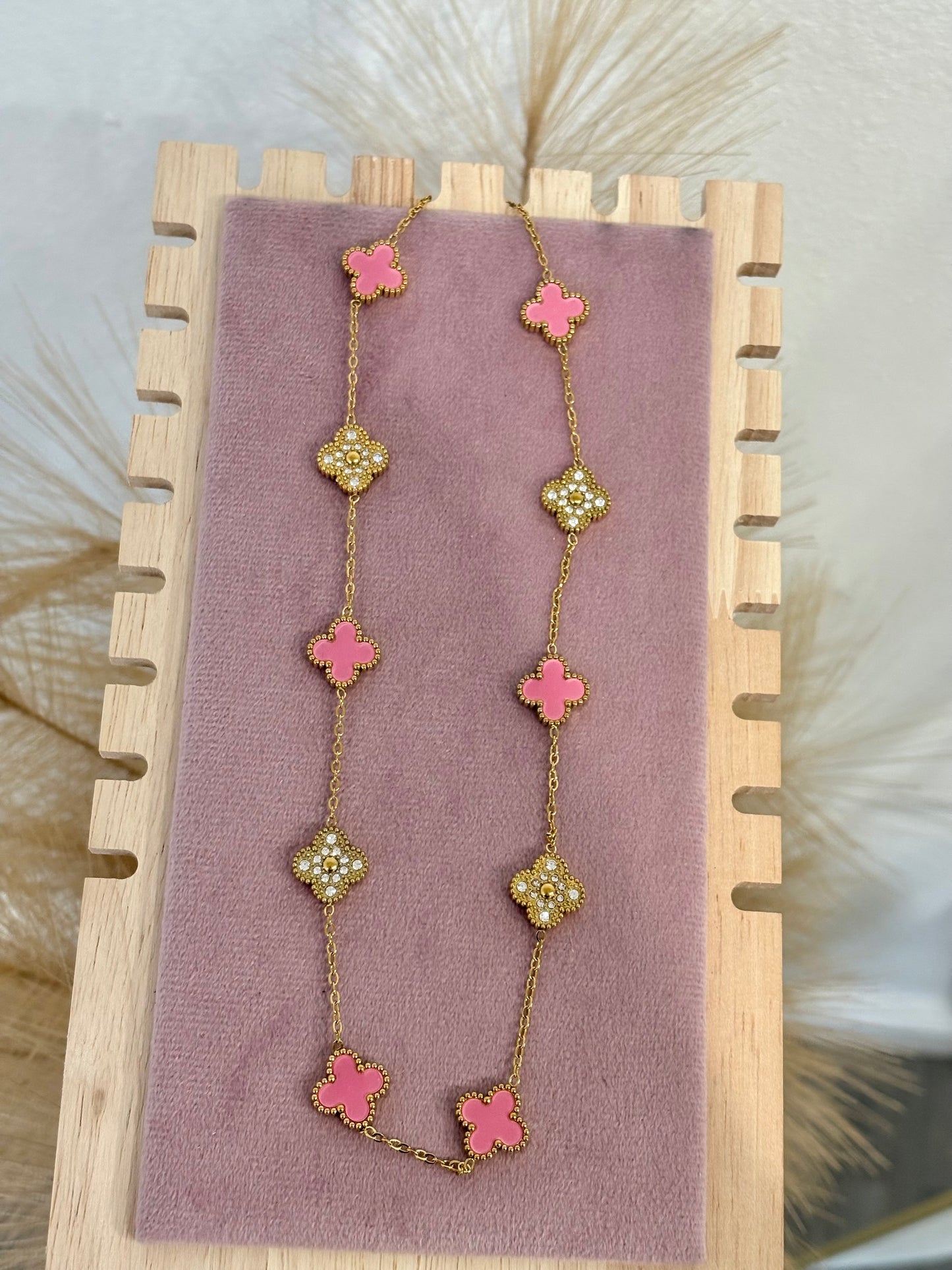 Coral Pink 10-Clover Long Station Necklace - Gold & Rhinestone (Stainless Steel)