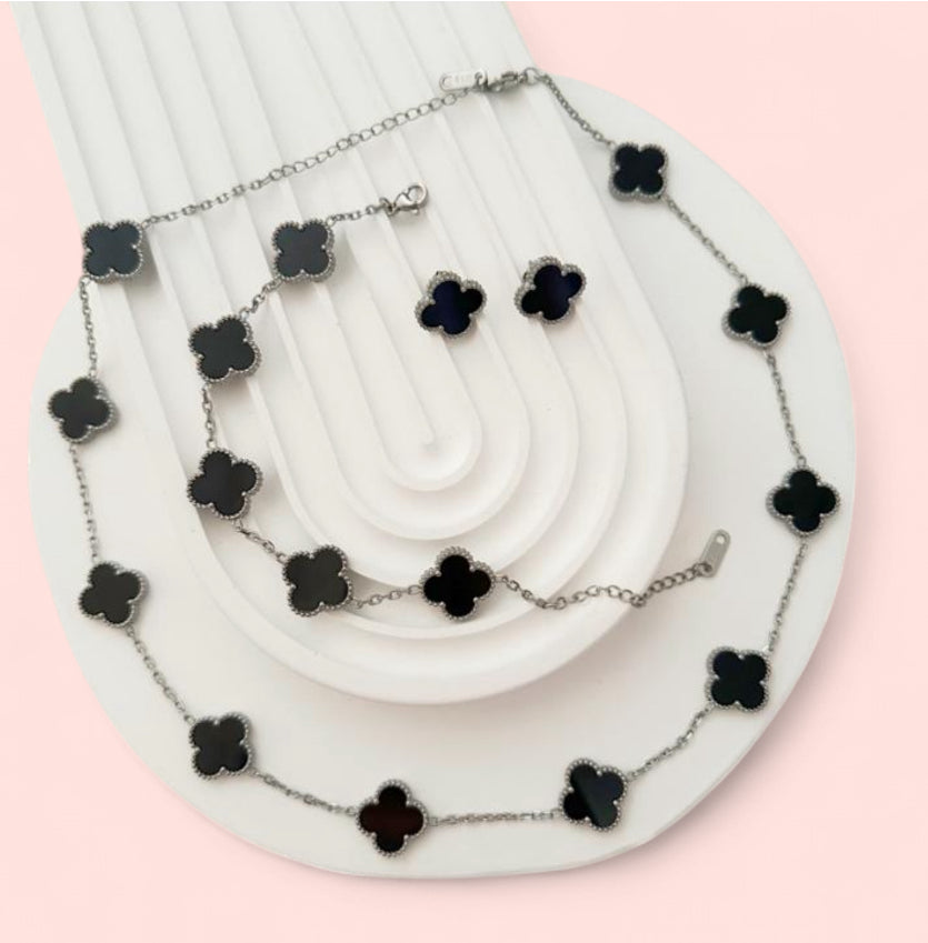 Black and Silver Clover Jewelry Set: Necklace, Earrings, and Bracelet