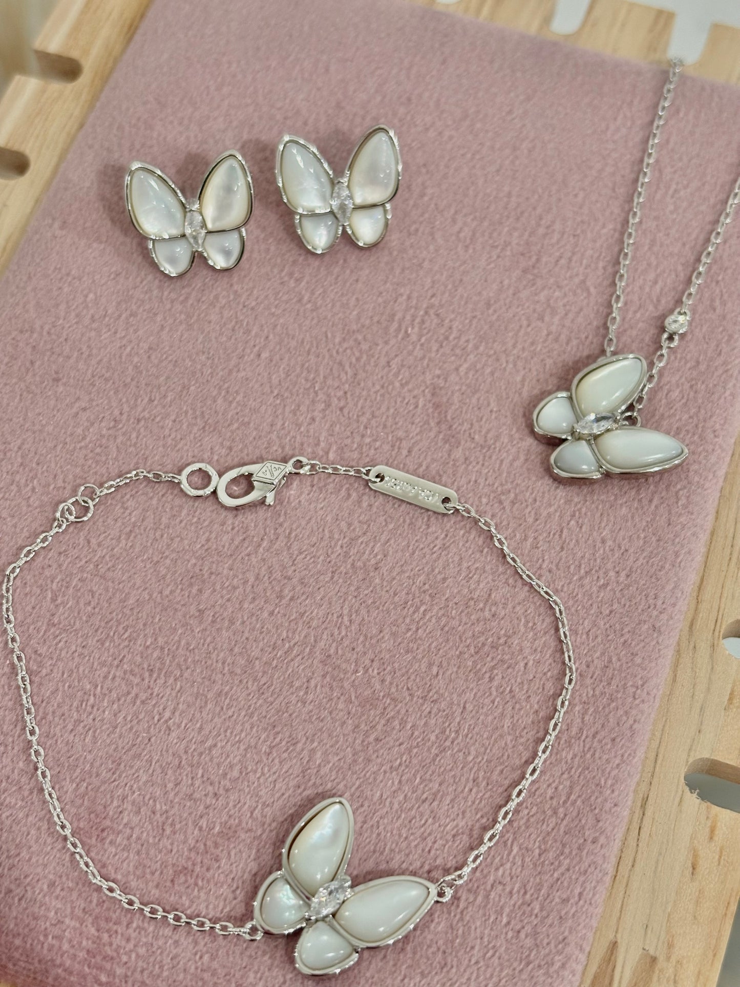 The Mother of Pearl Silver Butterfly Rhinestone Set: Necklace, Bracelet, Earrings