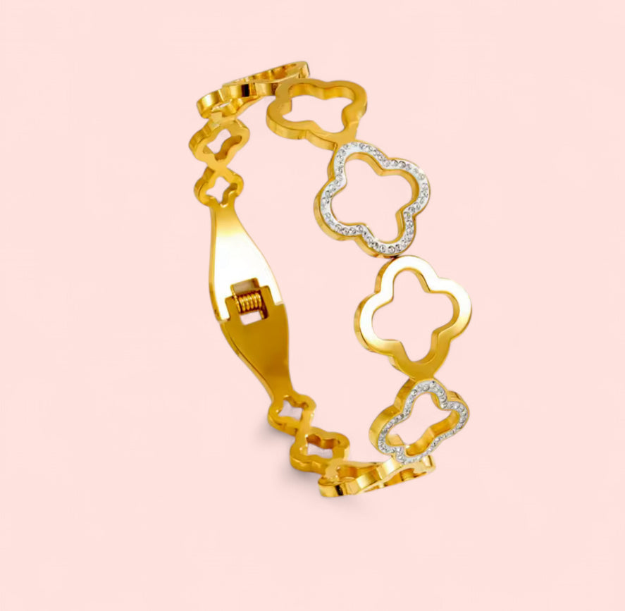 Gold Clover Hollow Zircon Bangle Stainless Steel Bracelet
