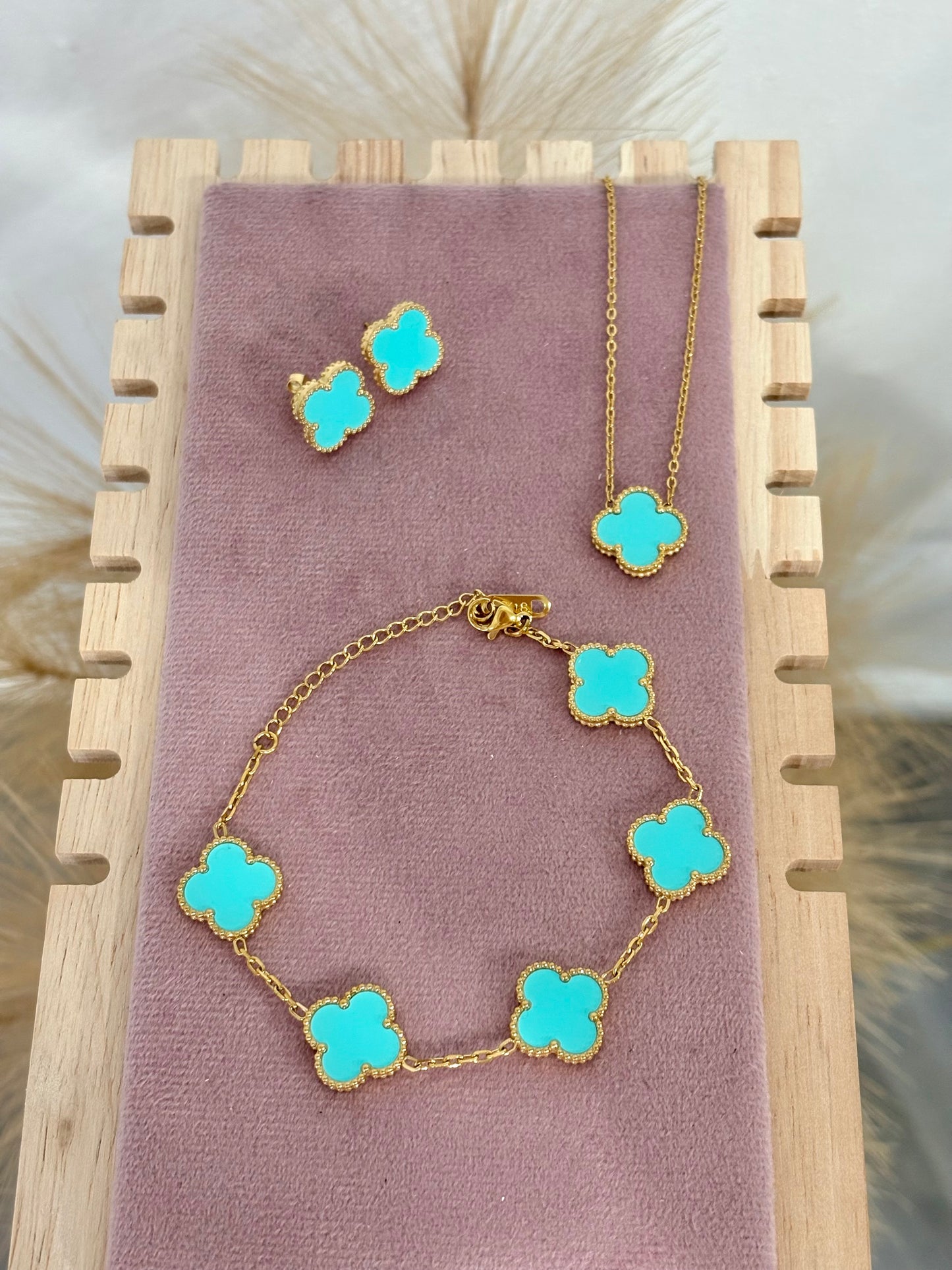 Tiffany Blue Clover Stainless Steel Jewelry Set: Necklace, Earrings, Bracelet