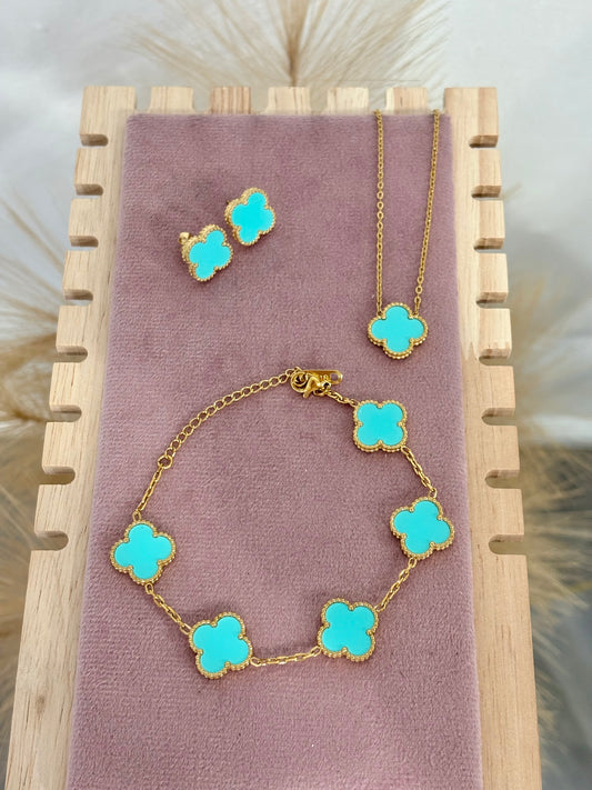 Tiffany Blue Clover Stainless Steel Jewelry Set: Necklace, Earrings, Bracelet