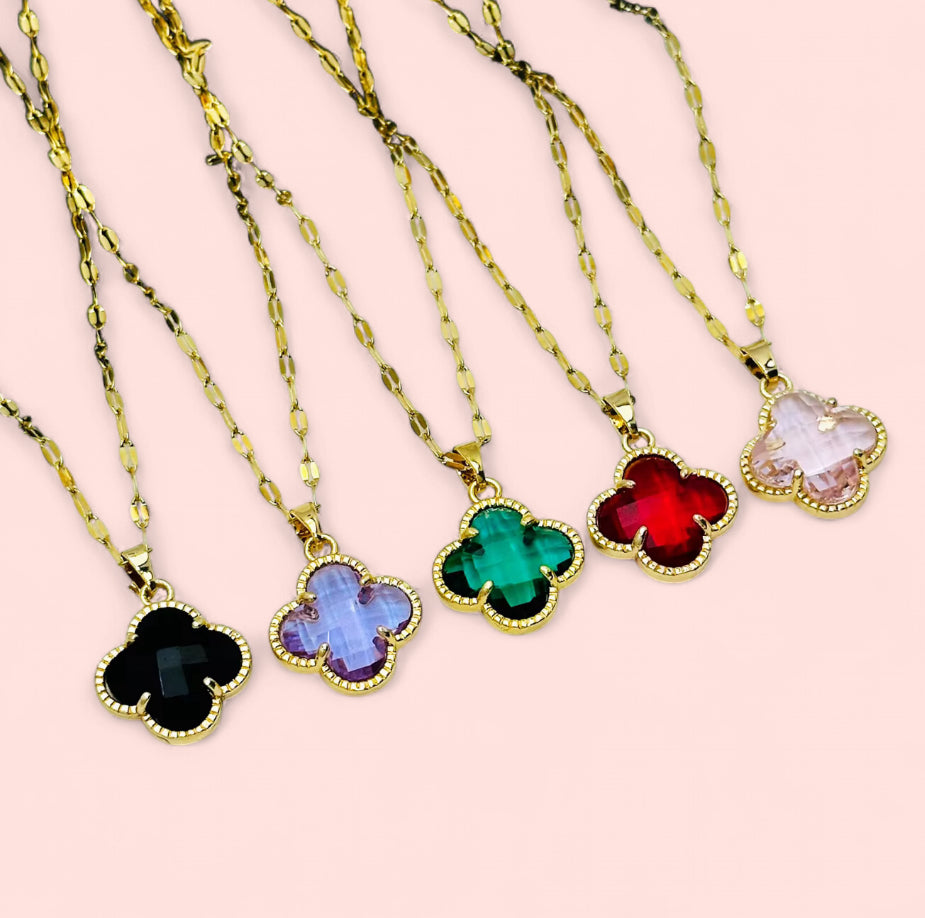 Crystal Flor Stainless Steel Necklaces: Black, Purple, Green, Red, Pink