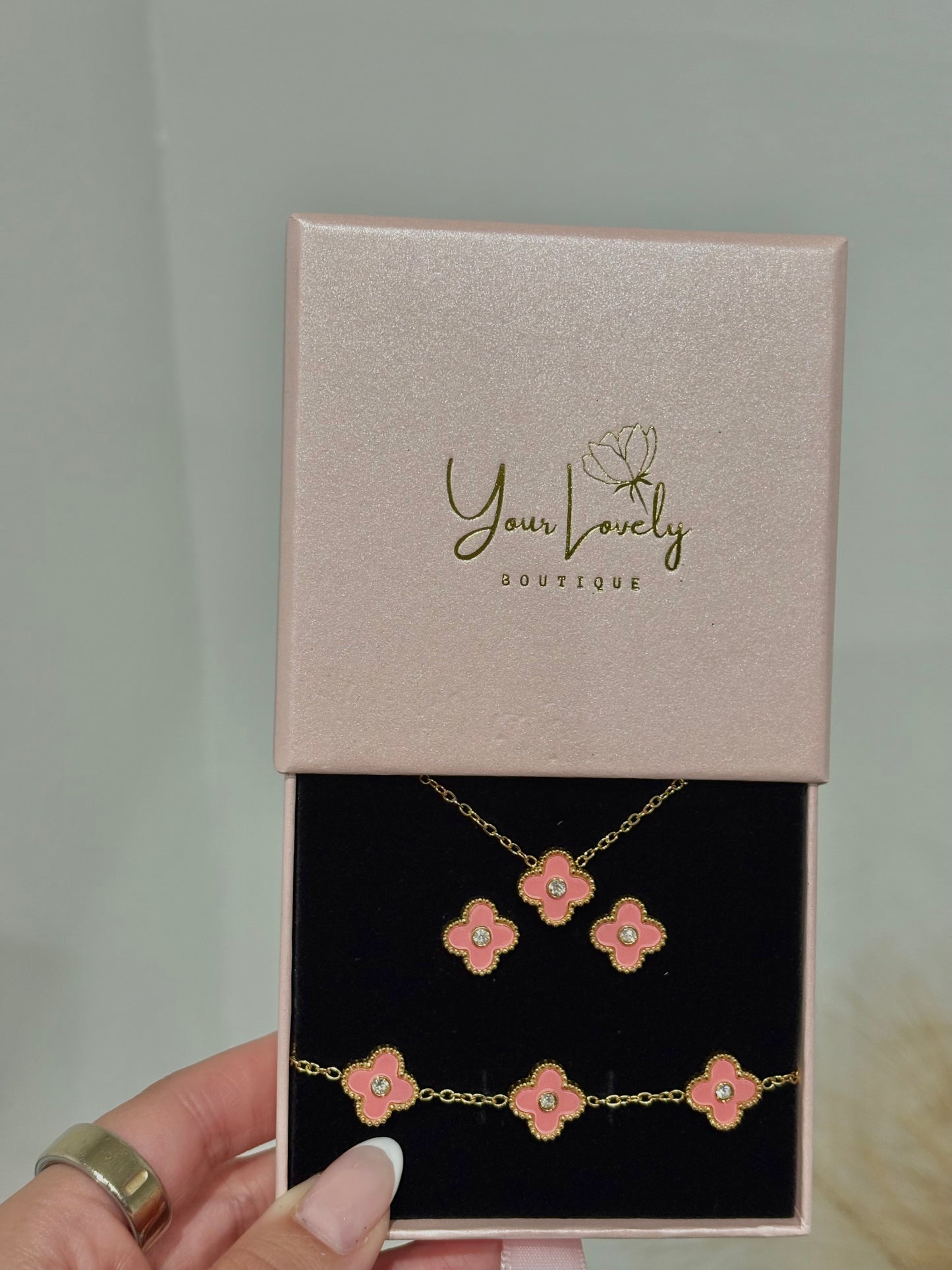 Pink Mini Clover Rhinestone Center Stainless Steel Jewelry Set: Necklace, Earrings, Bracelet