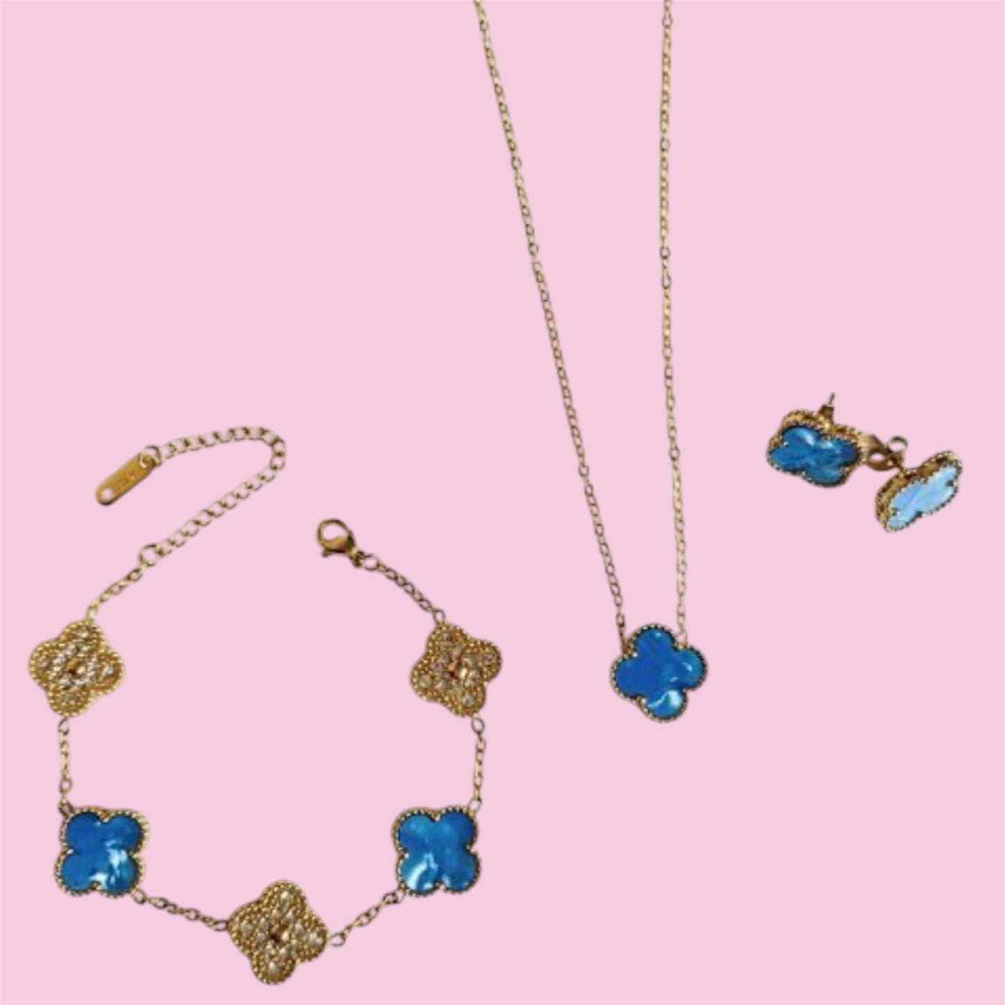 Sky Baby Blue Enamel Clover Stainless Steel Jewelry Set: Necklace, Earrings, Bracelet