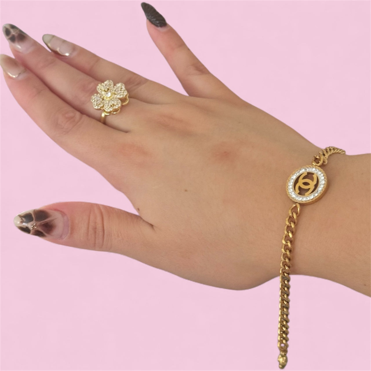 CC Rhinestone Cuban Chain Stainless Steel Bracelet