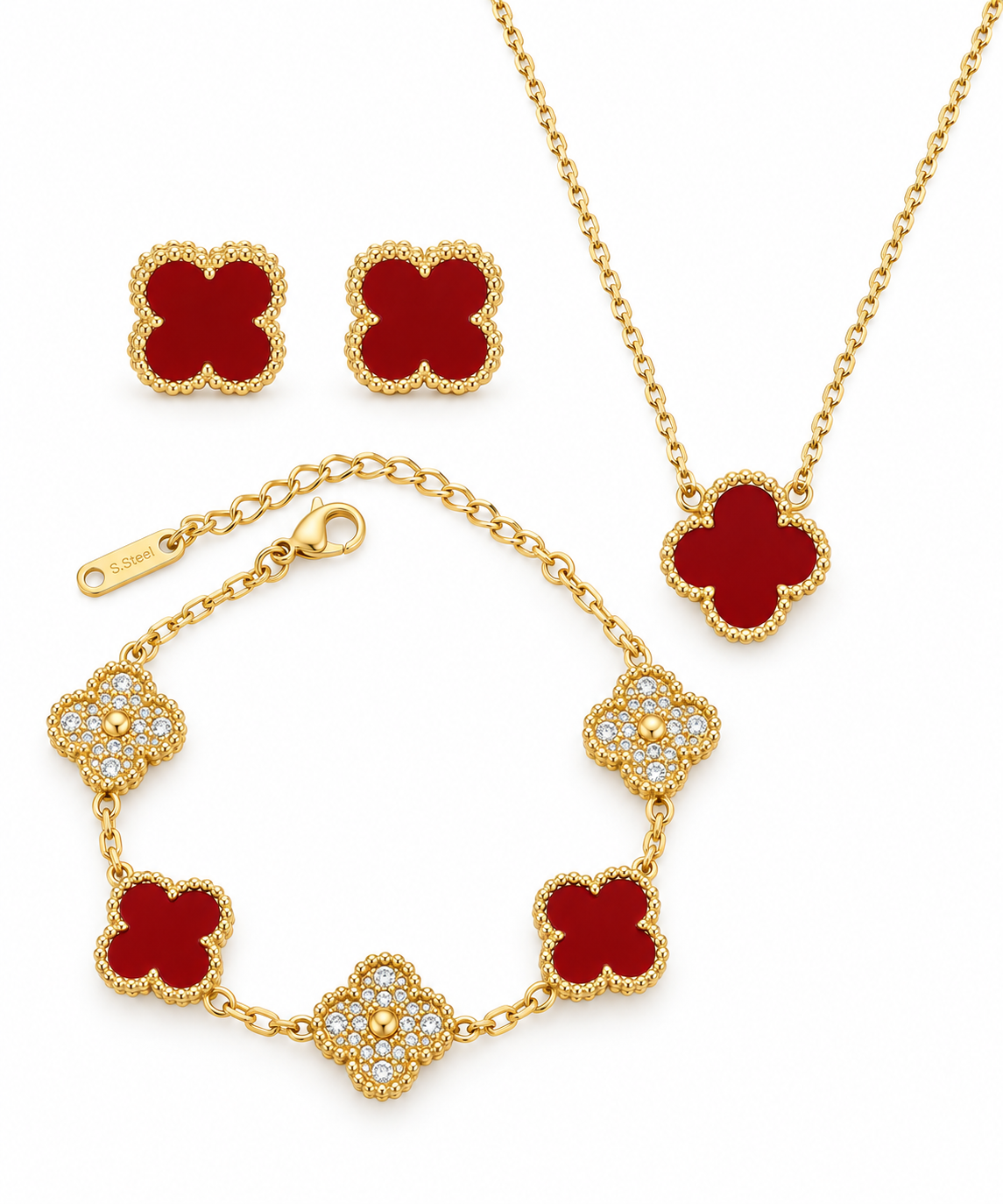 Deep Burgundy & Gold Rhinestone Clover Jewelry Set