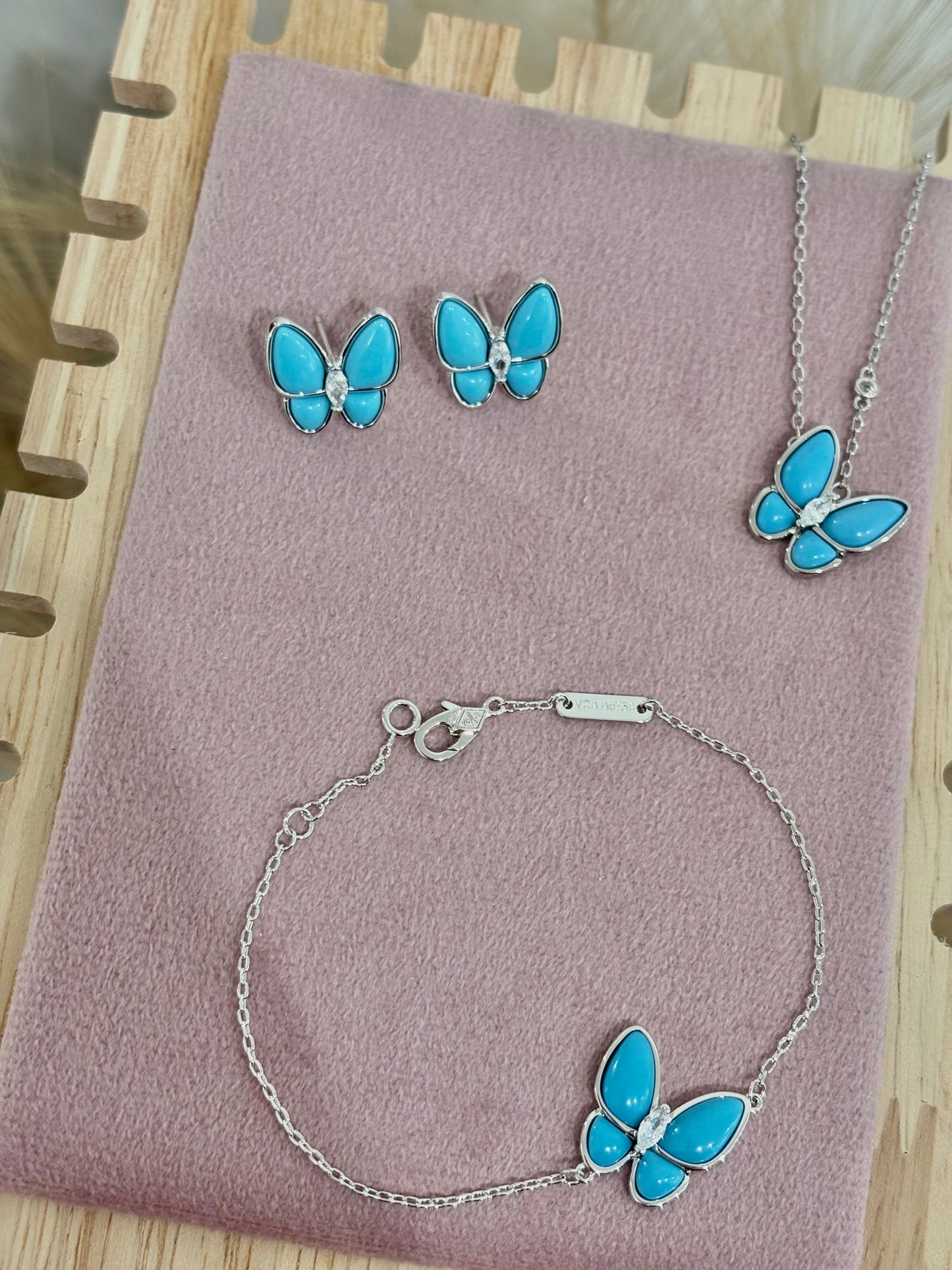 The Turquoise Silver Butterfly Rhinestone Set: Necklace, Bracelet, Earrings