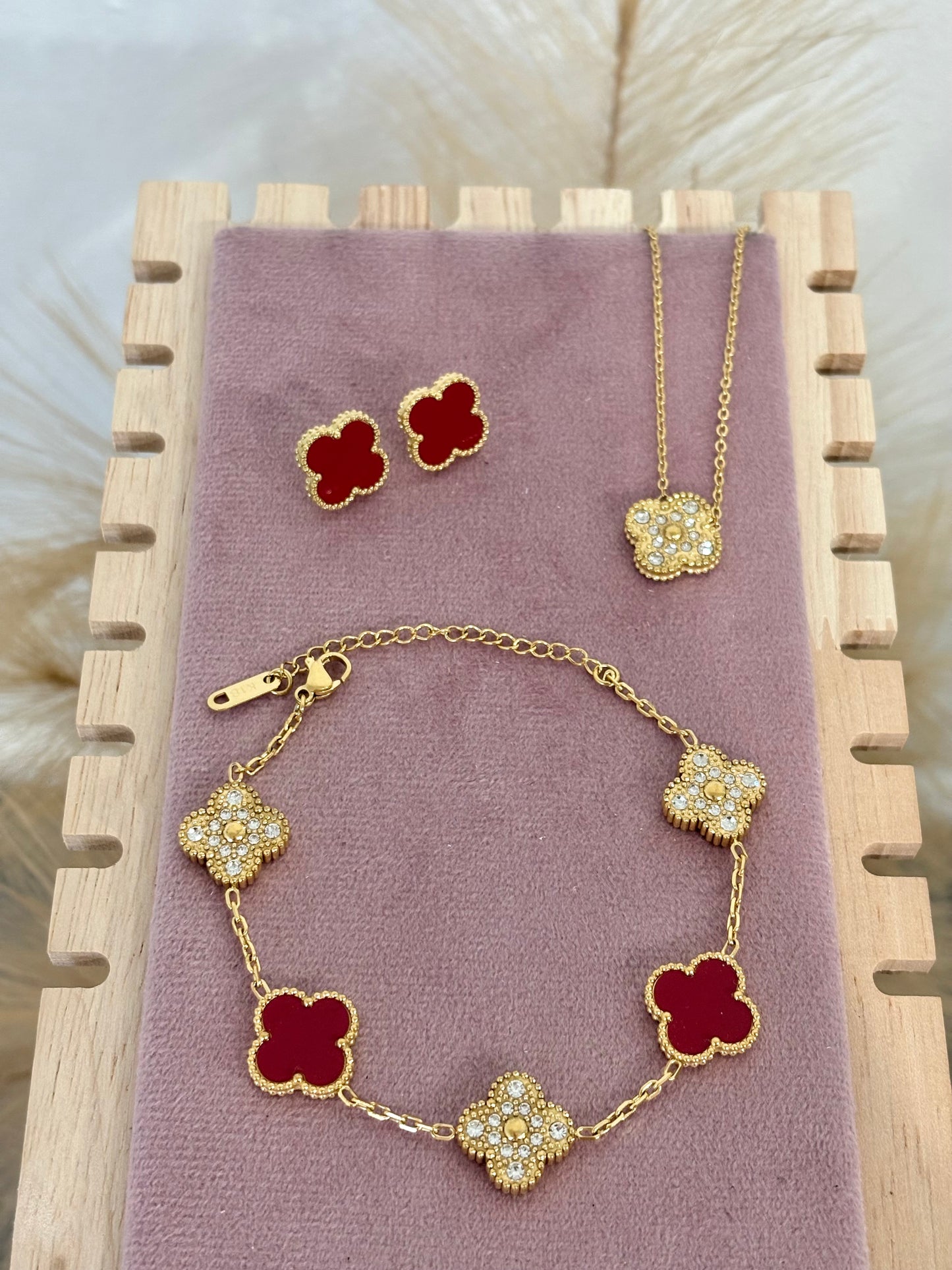 Deep Burgundy & Gold Rhinestone Clover Stainless Steel Jewelry Set: Necklace, Earrings, Bracelet