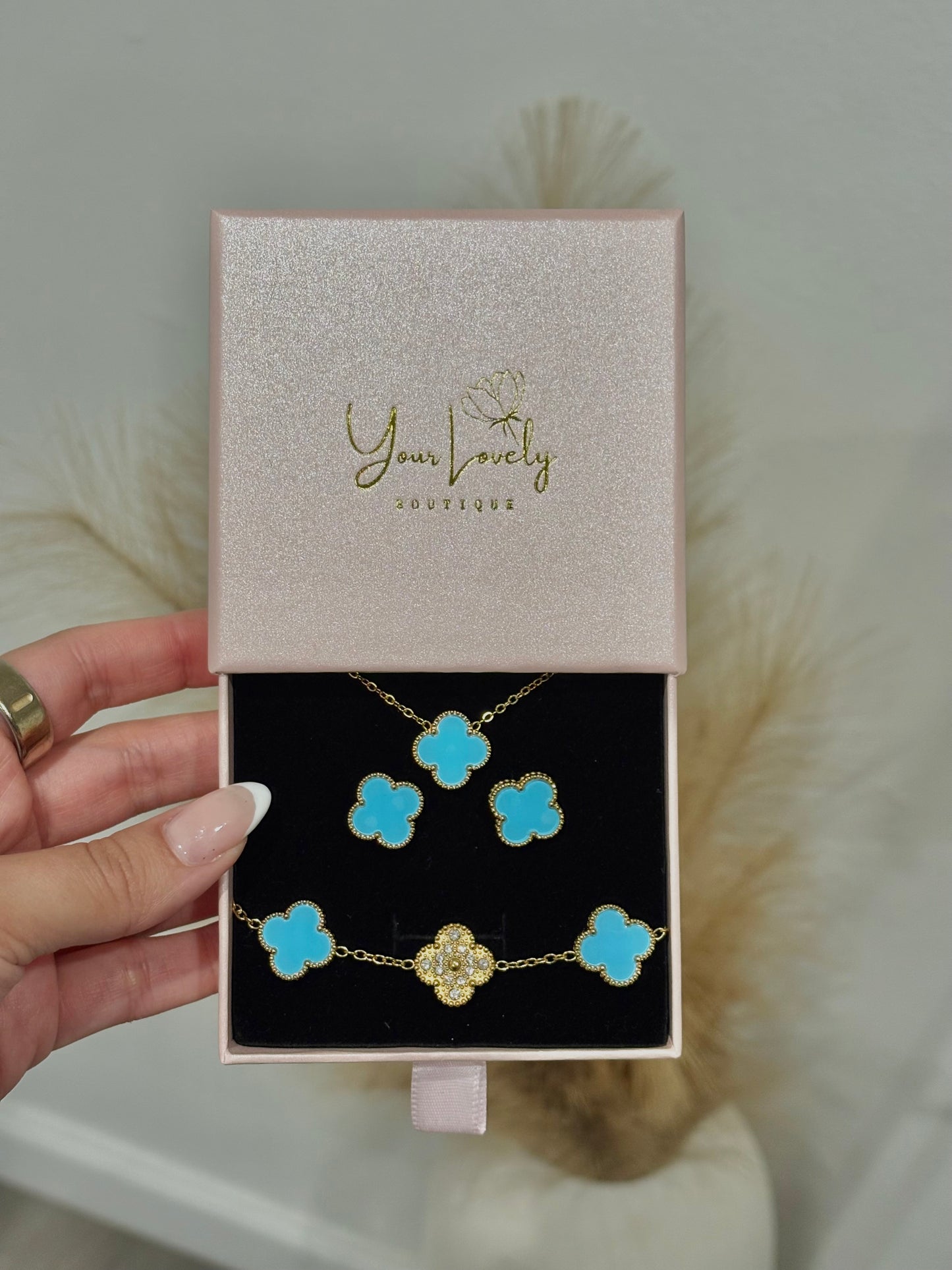 Baby Blue & Gold Clover Stainless Steel Jewelry Set: Necklace, Earrings, Bracelet