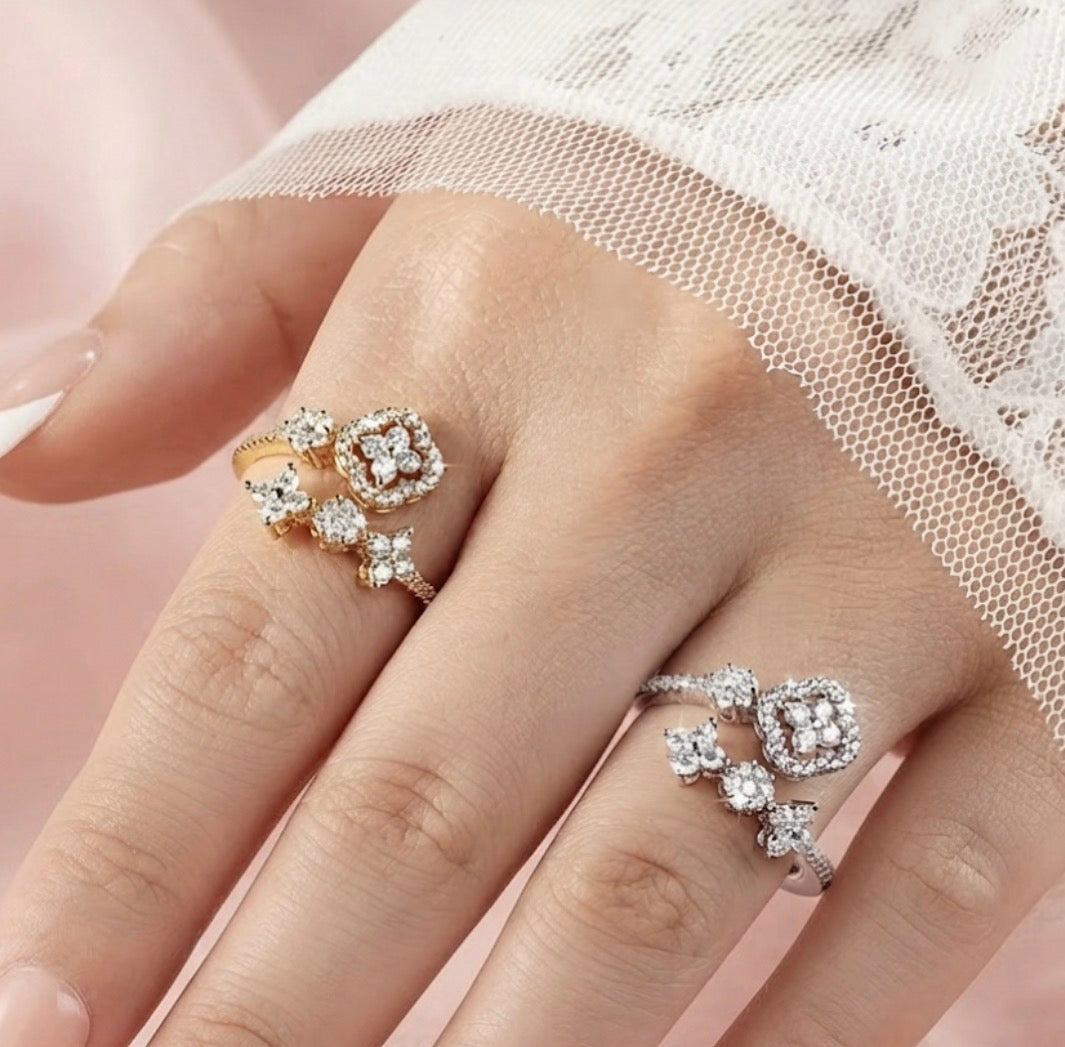 Sparkling Clover Cluster Moissanite Adjustable Ring – Gold Filled & White Gold Filled Open-Band Design