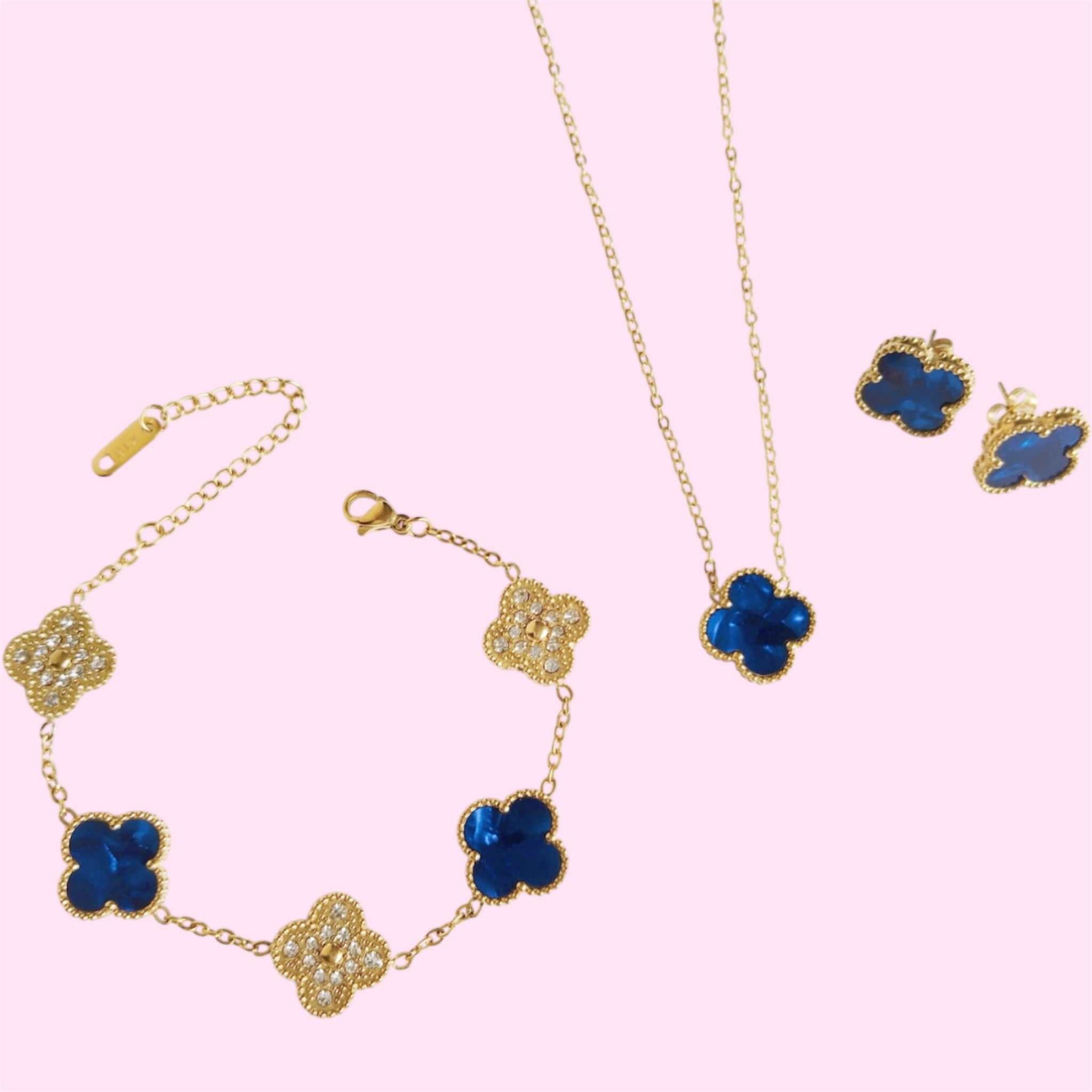 Blue & Gold Clover Stainless Steel Jewelry Set: Necklace, Earrings, Bracelet