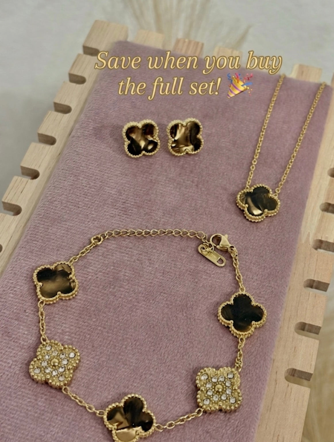 Brown Enamel & Gold Zirconia Clover Stainless Steel Jewelry Set: Necklace, Earrings, Bracelet