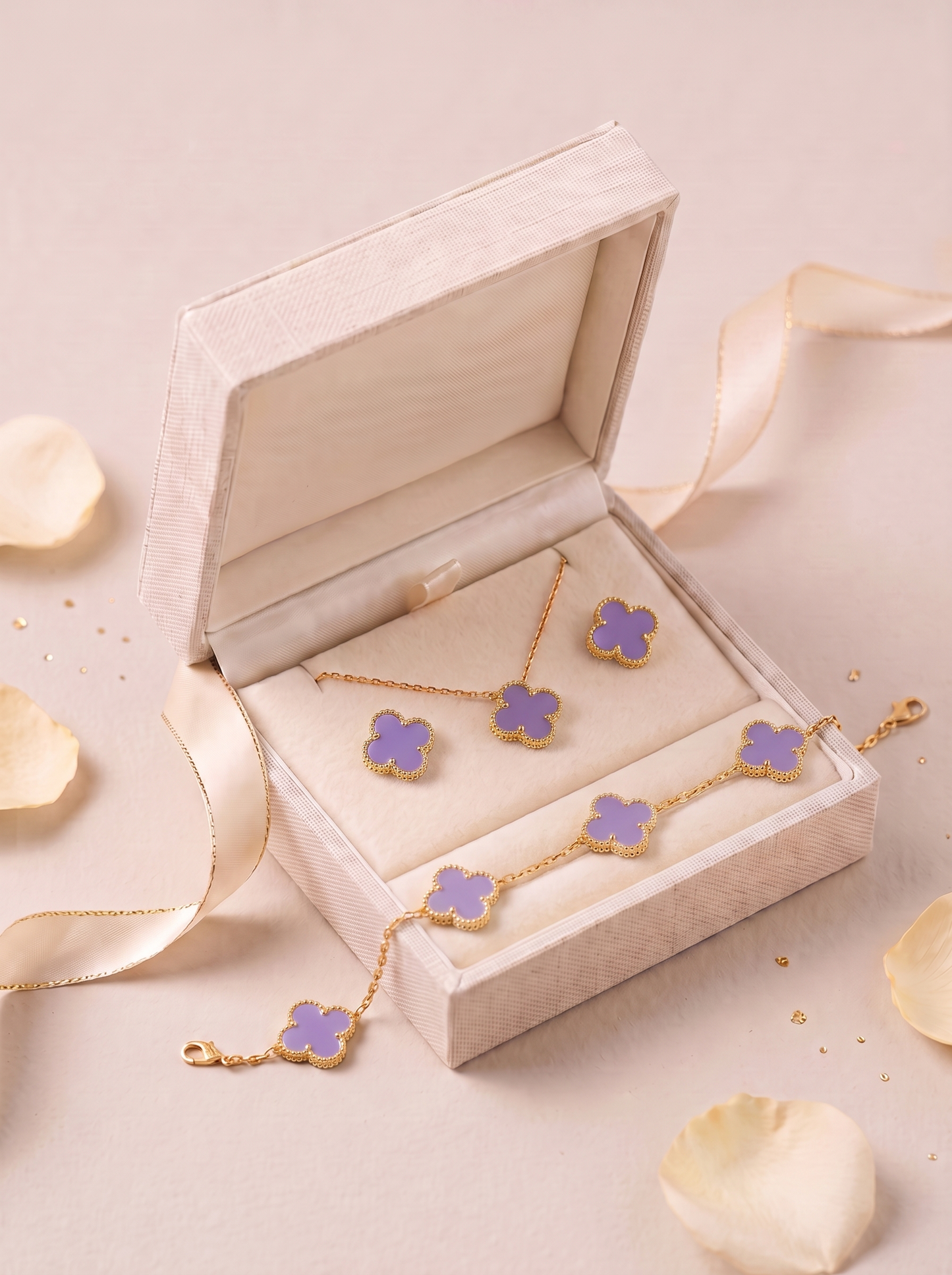 Lavender Pearl & Gold Clover Jewelry
