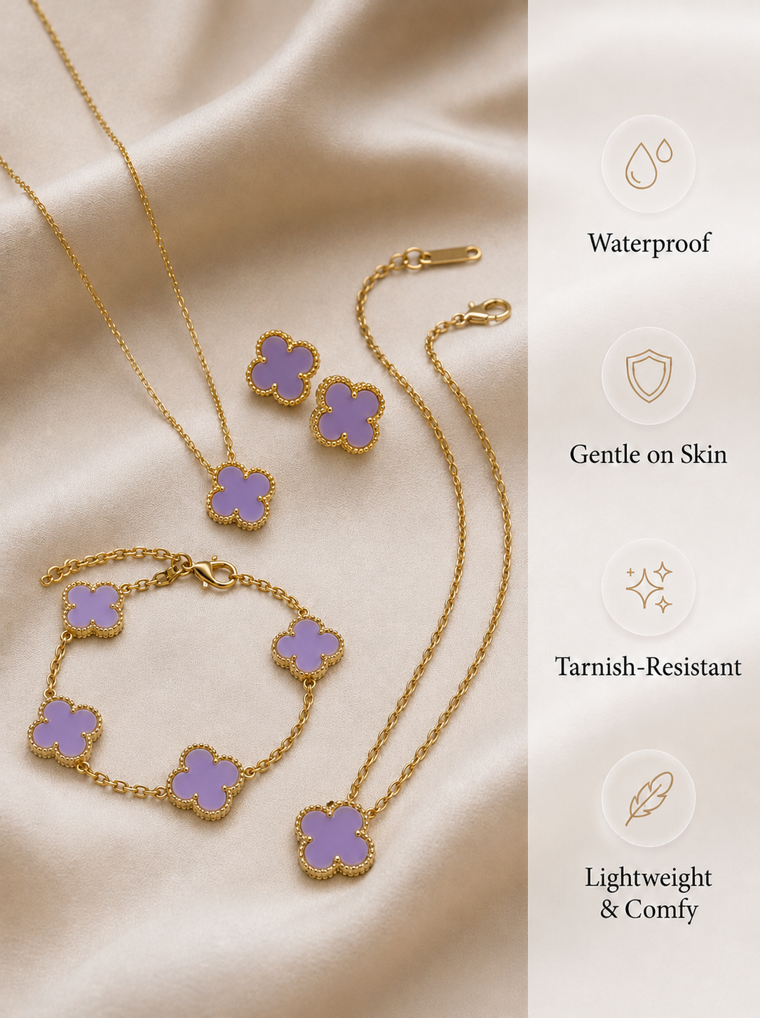 Lavender Pearl & Gold Clover Jewelry
