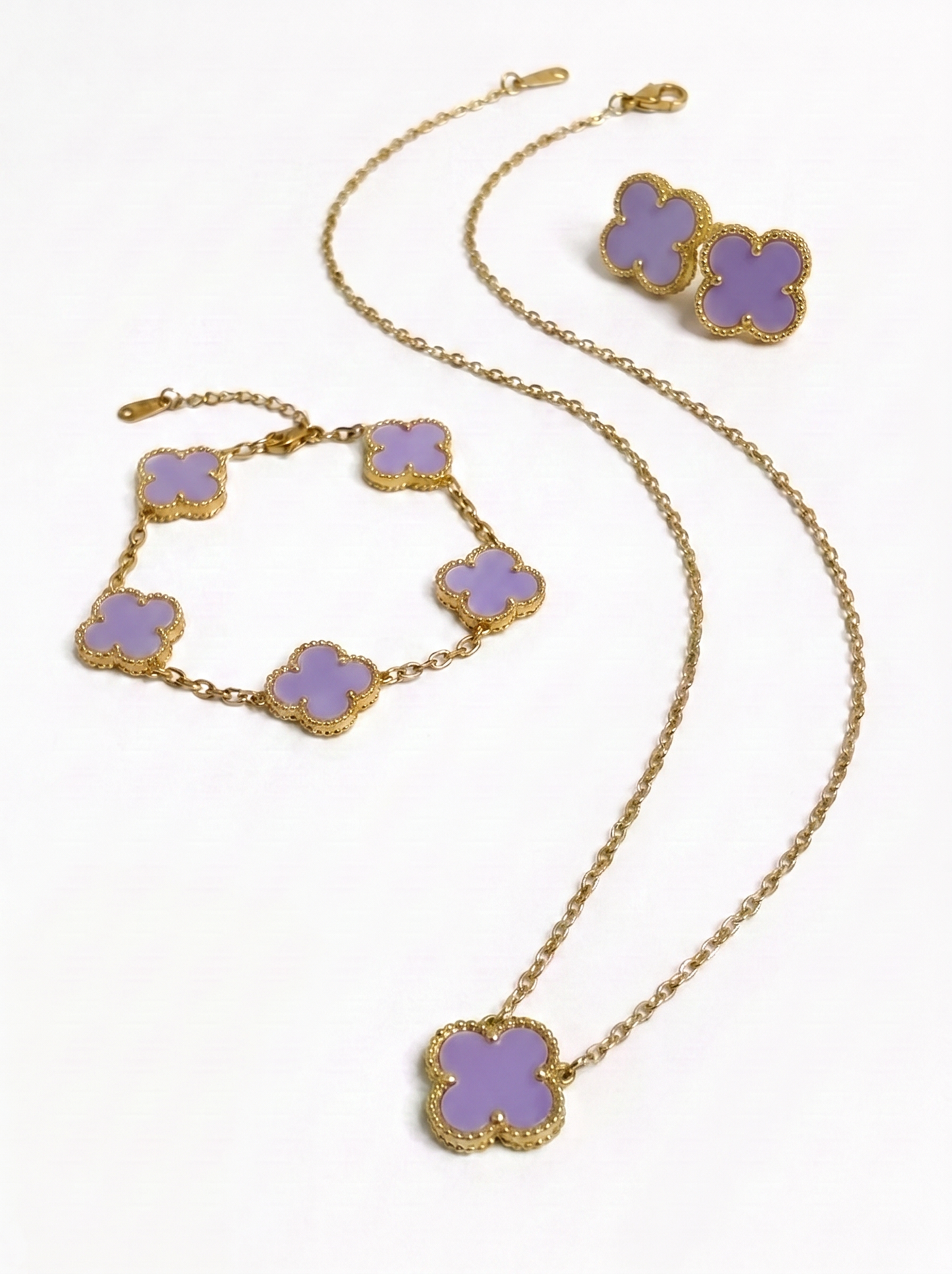 Lavender Pearl & Gold Clover Jewelry