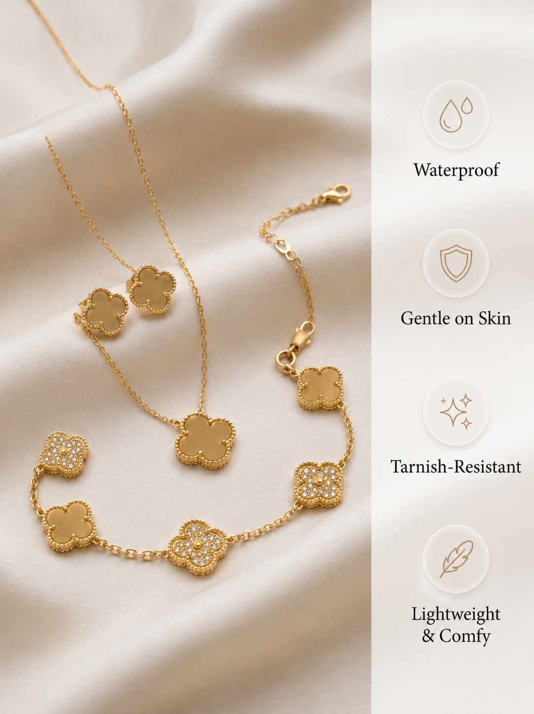 Mocha Brown & Gold Rhinestone Clover Jewelry