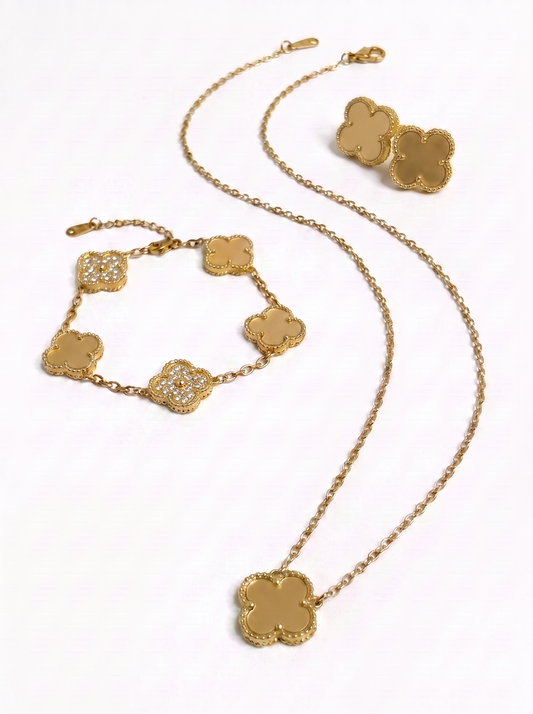Mocha Brown & Gold Rhinestone Clover Jewelry