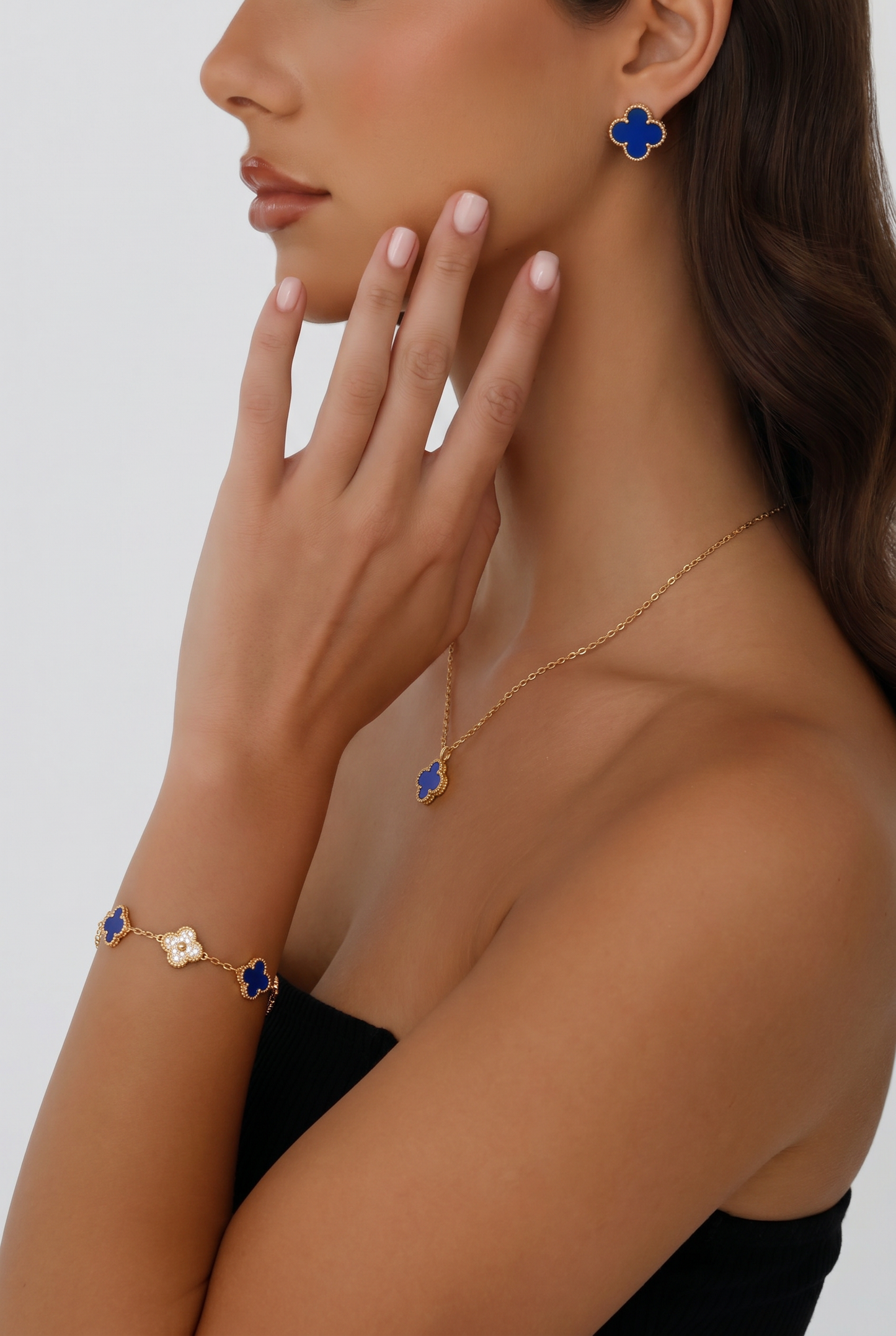 Navy Blue & Gold Rhinestone Clover Jewelry